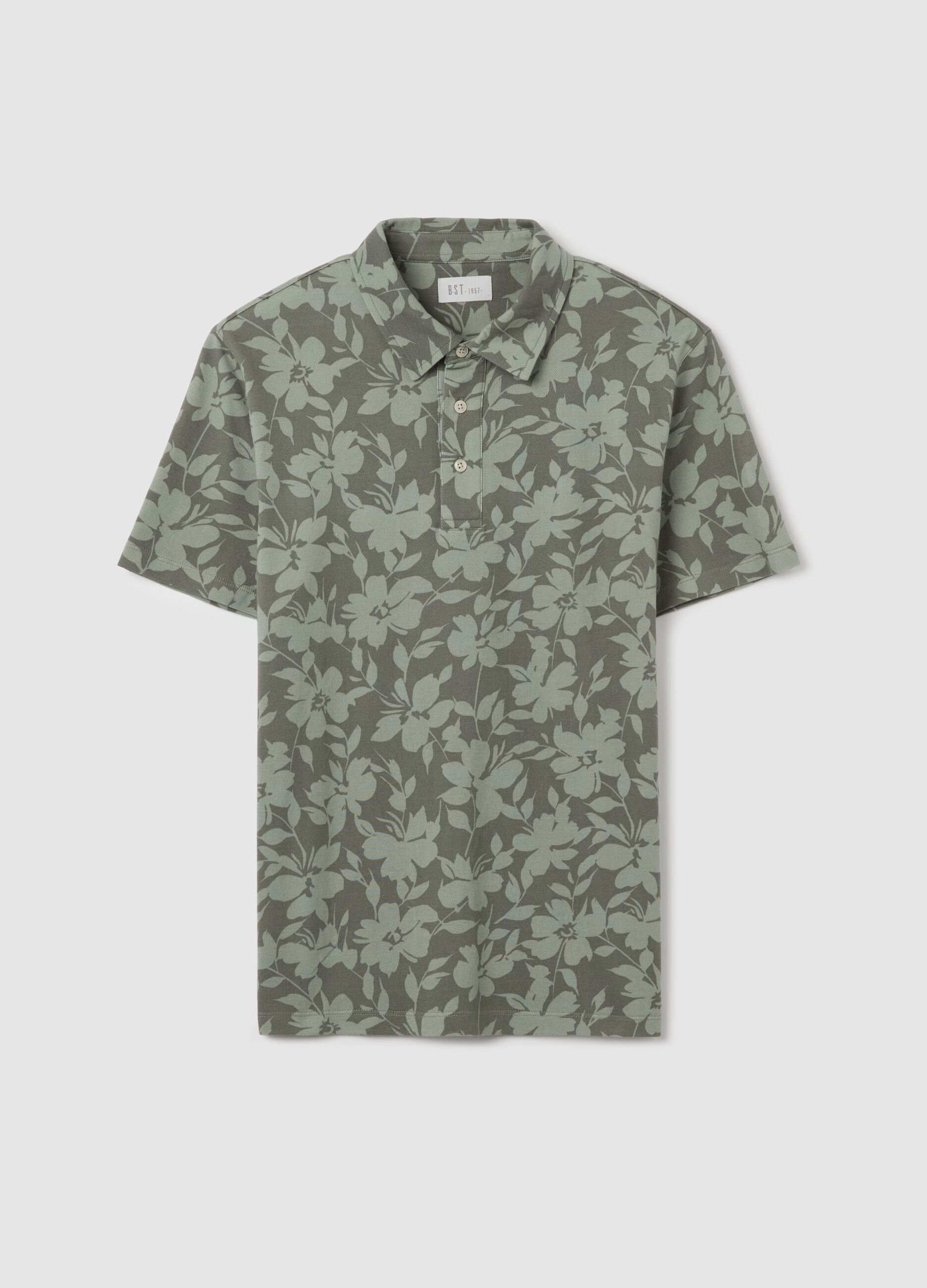 BST green polo shirt with short sleeves and floral print