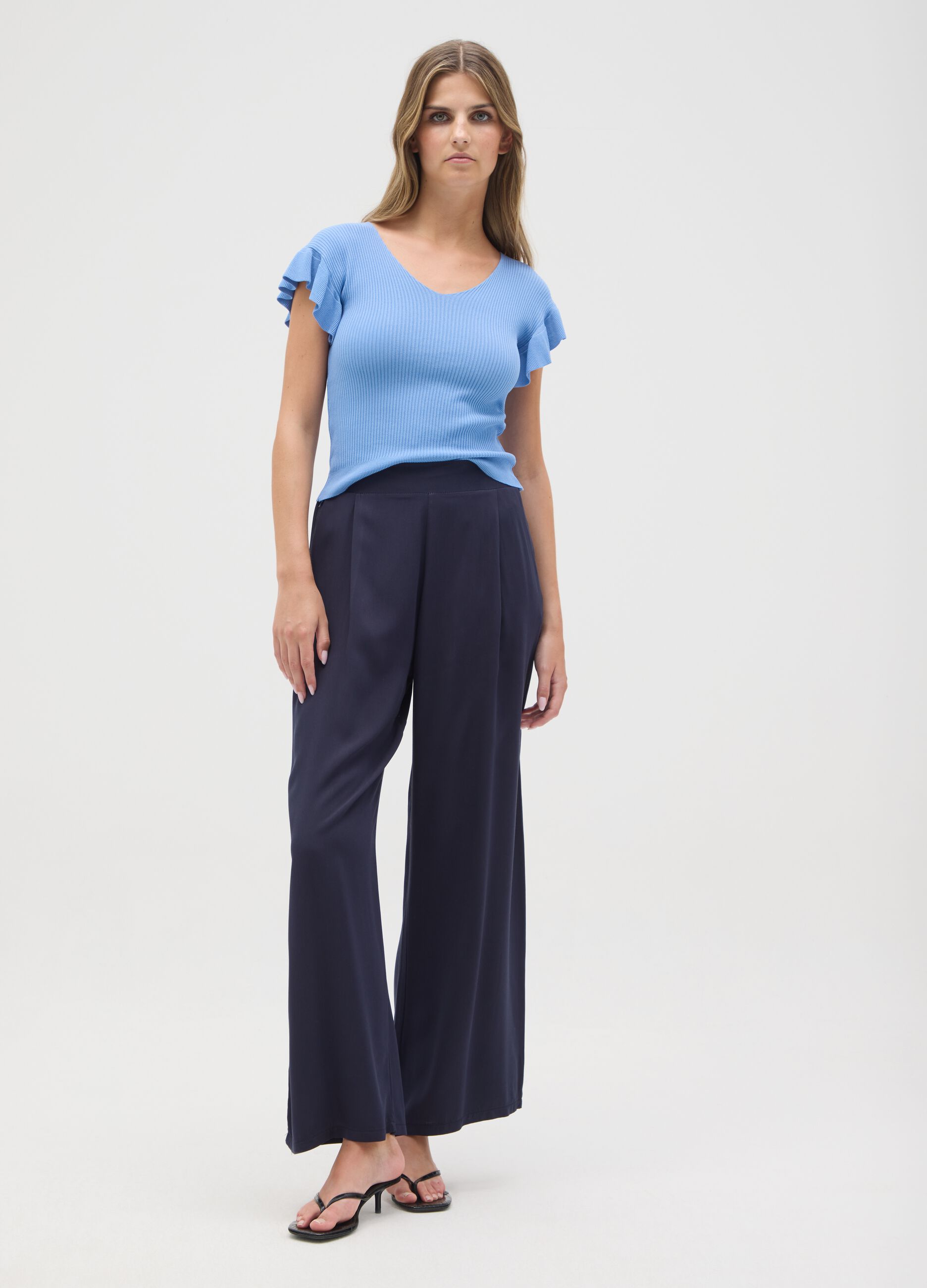 Women's blue viscose regular fit t-shirt with ruffles