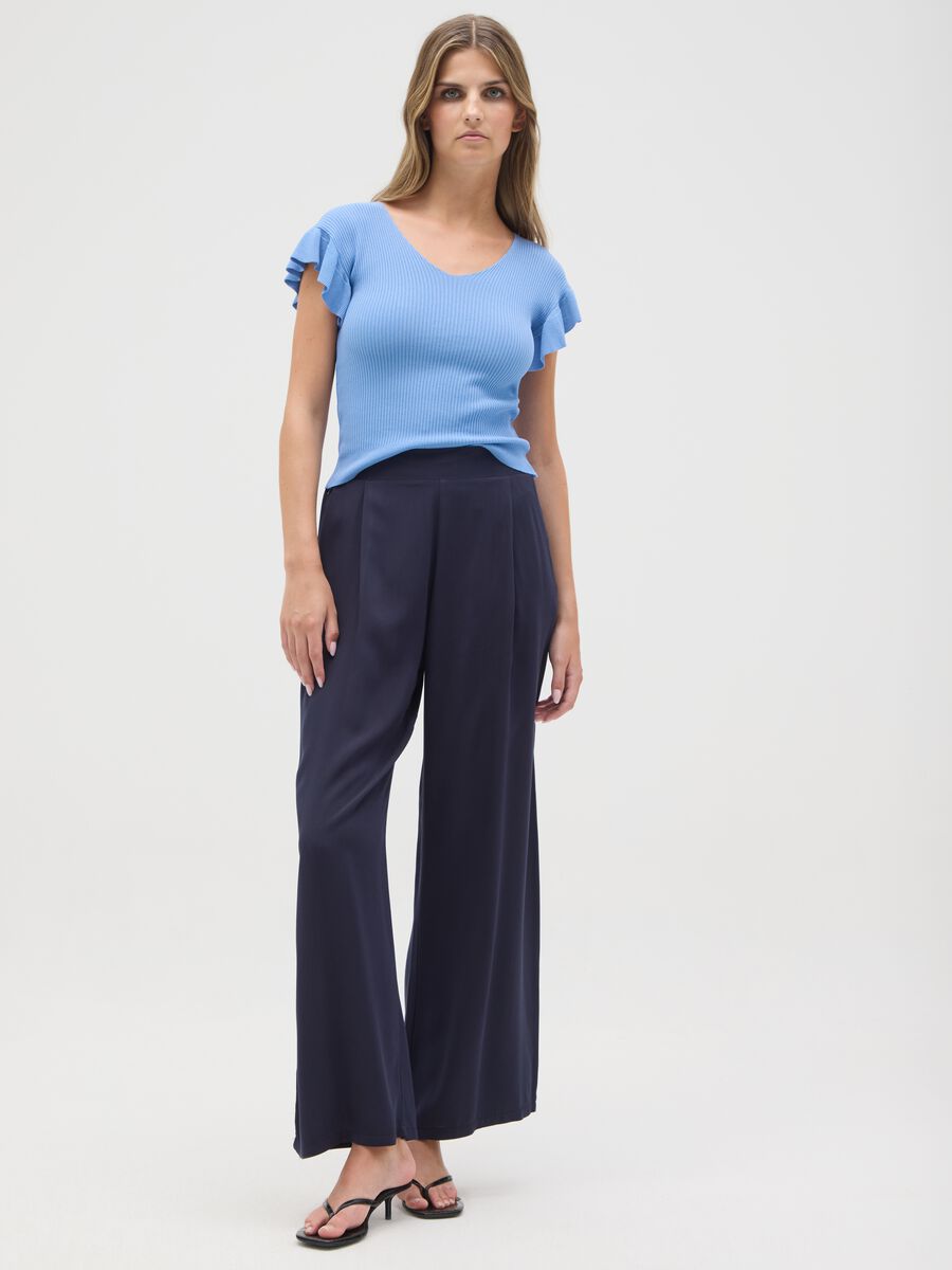 Women's blue viscose regular fit t-shirt with ruffles_1