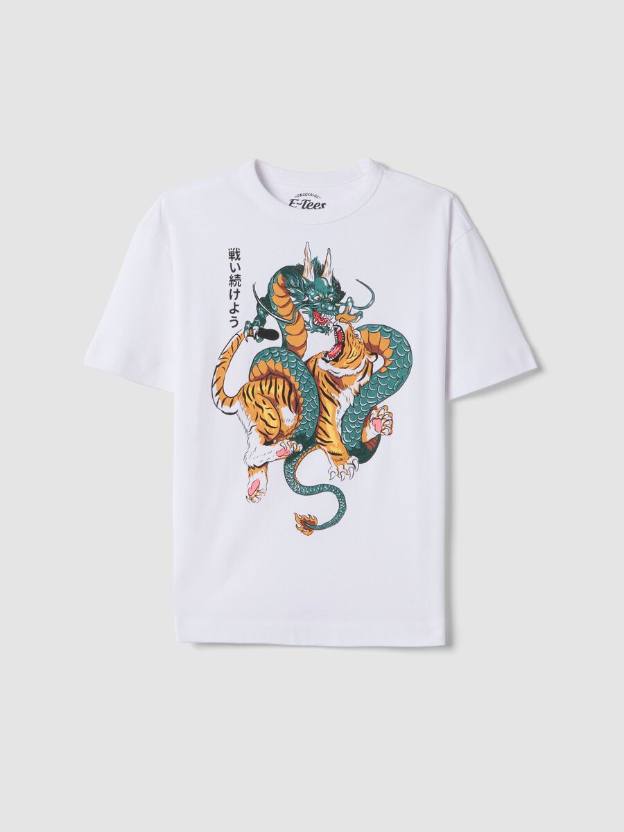 T-shirt in puro cotone bianca oversize fit con drago e tigre_3