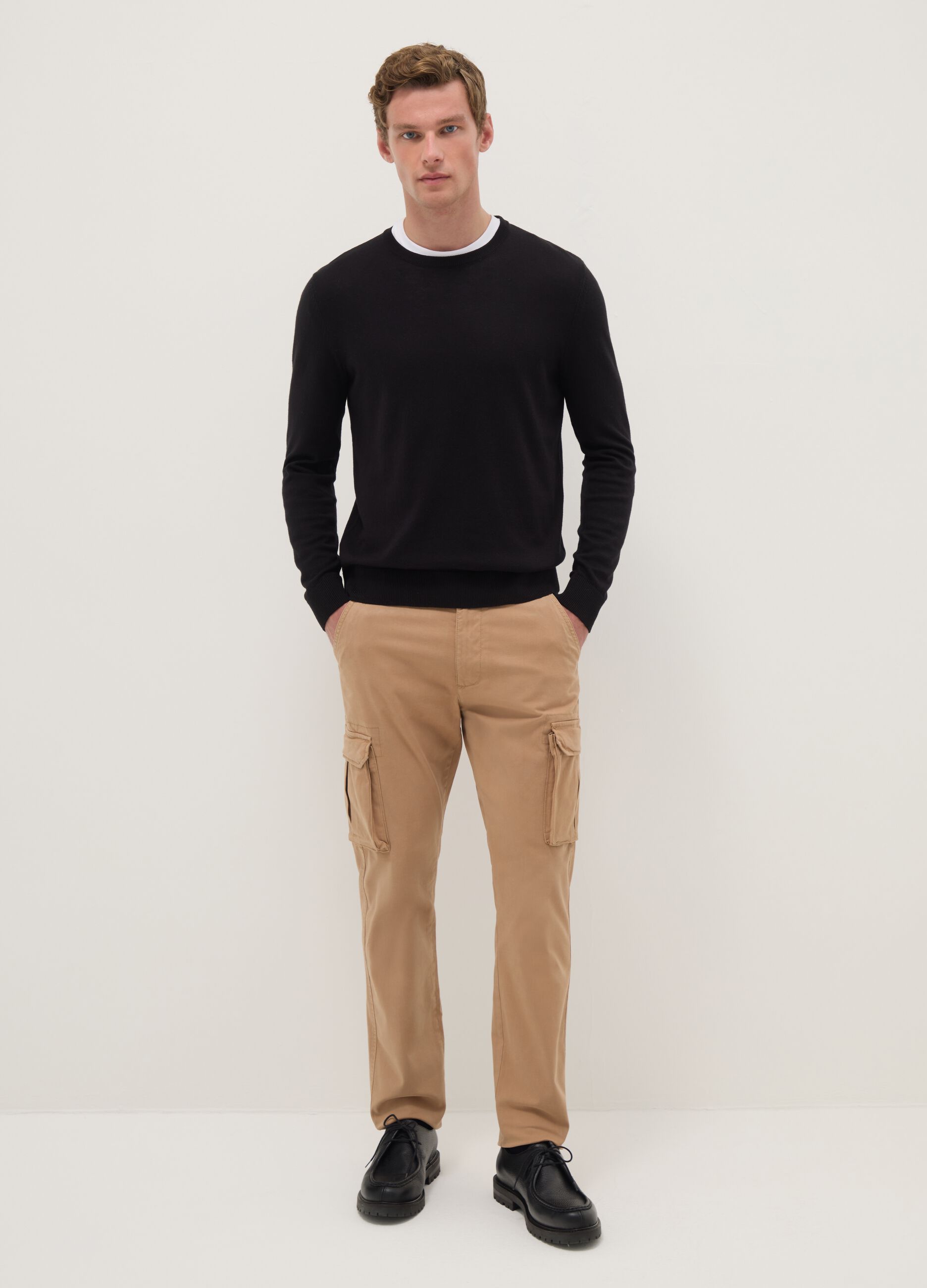 Beige stretch cotton slim fit cargo trousers