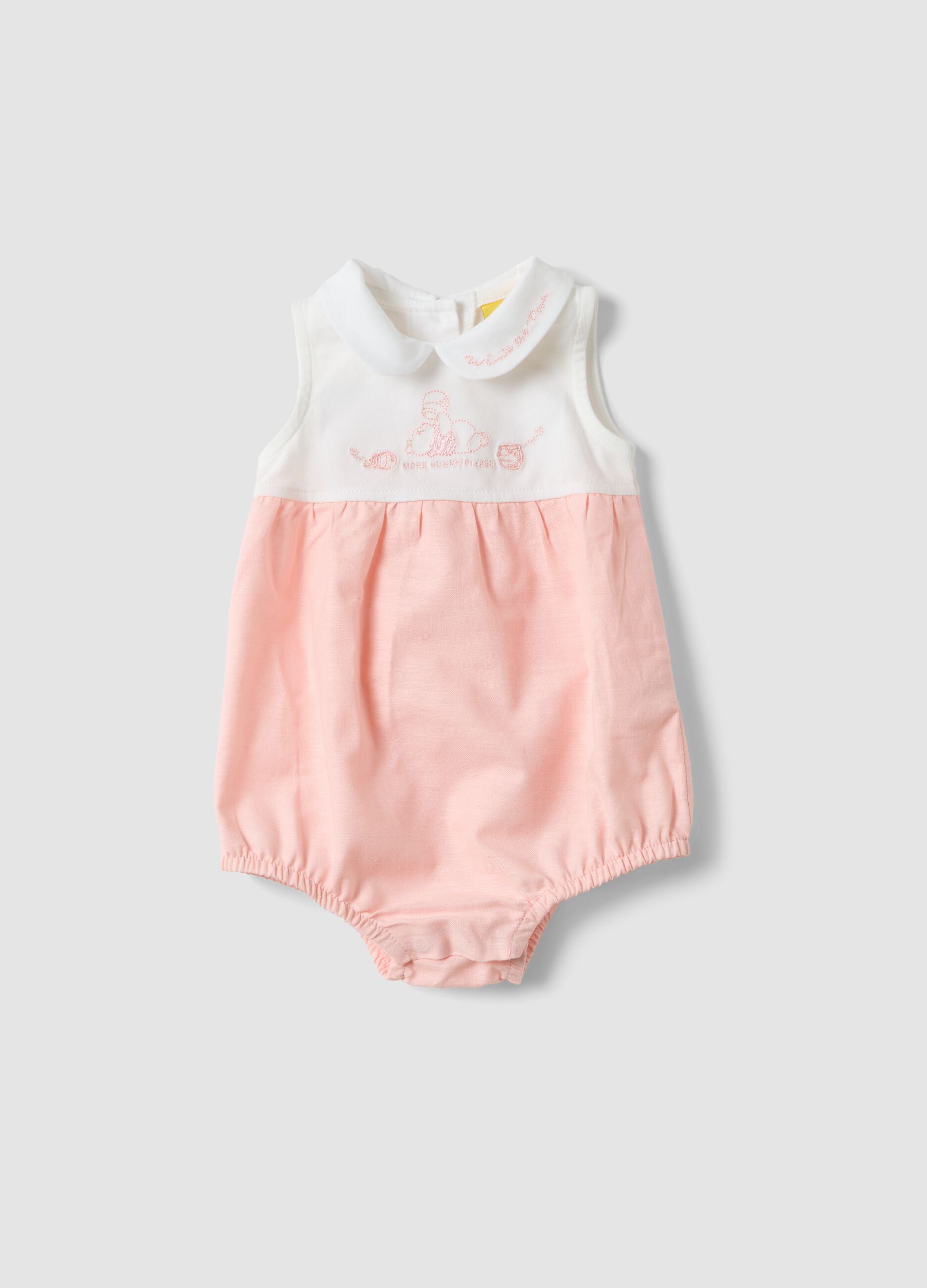 Pink and white organic cotton romper with classic collar