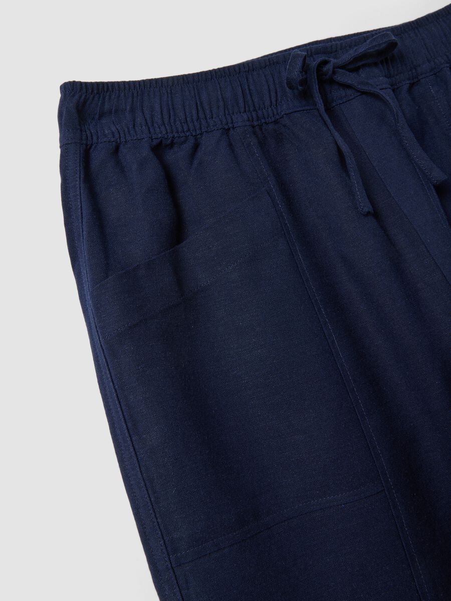 Beige viscose-linen blend straight-fit trousers with drawstring_1