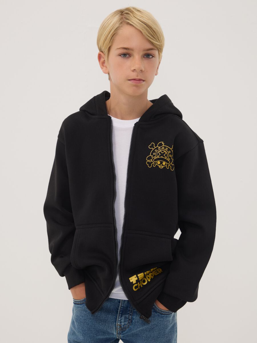 Black cotton-blend zip hoodie with One Piece print_0