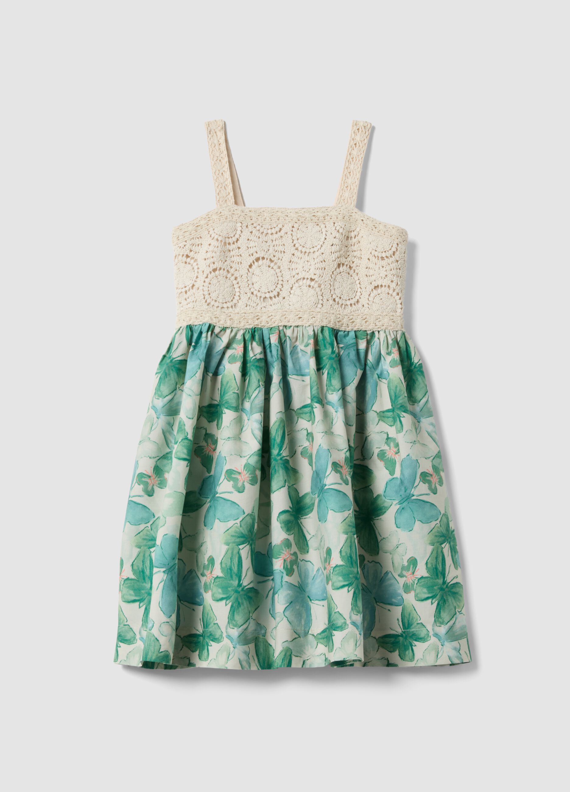 Abito con dettagli in crochet e stampa floreale in puro cotone