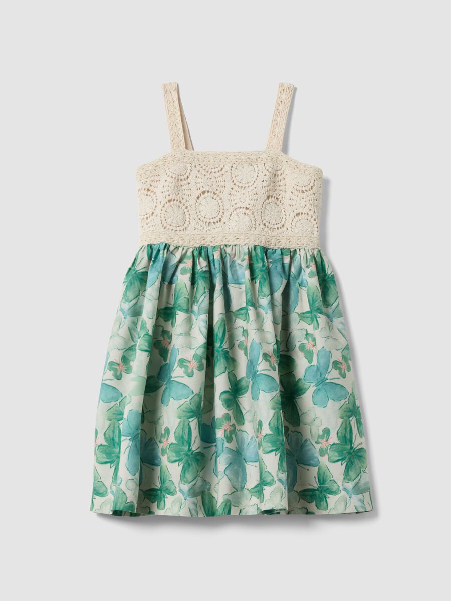 Abito con dettagli in crochet e stampa floreale in puro cotone_3