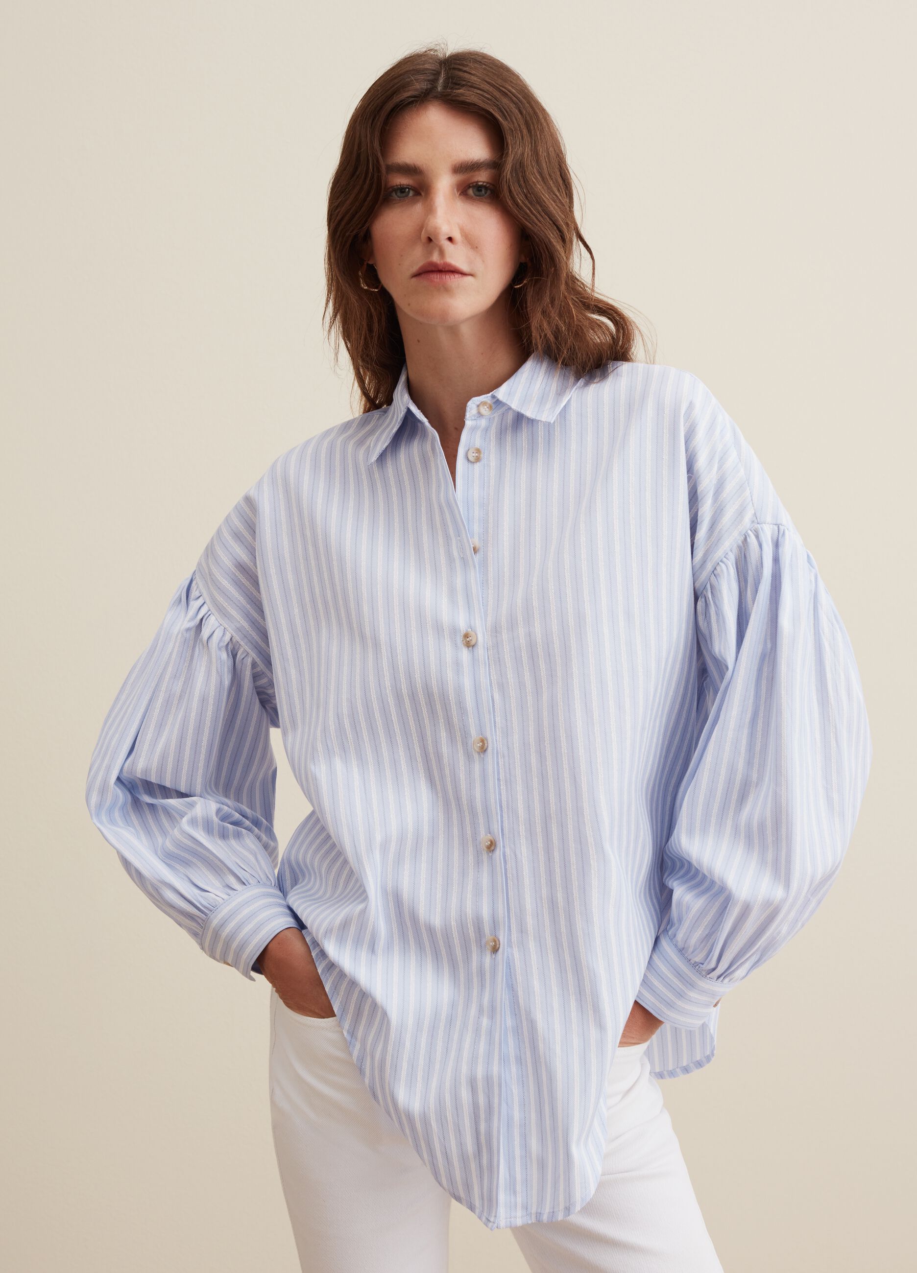Camicia oversize a righe maniche a sbuffo_1