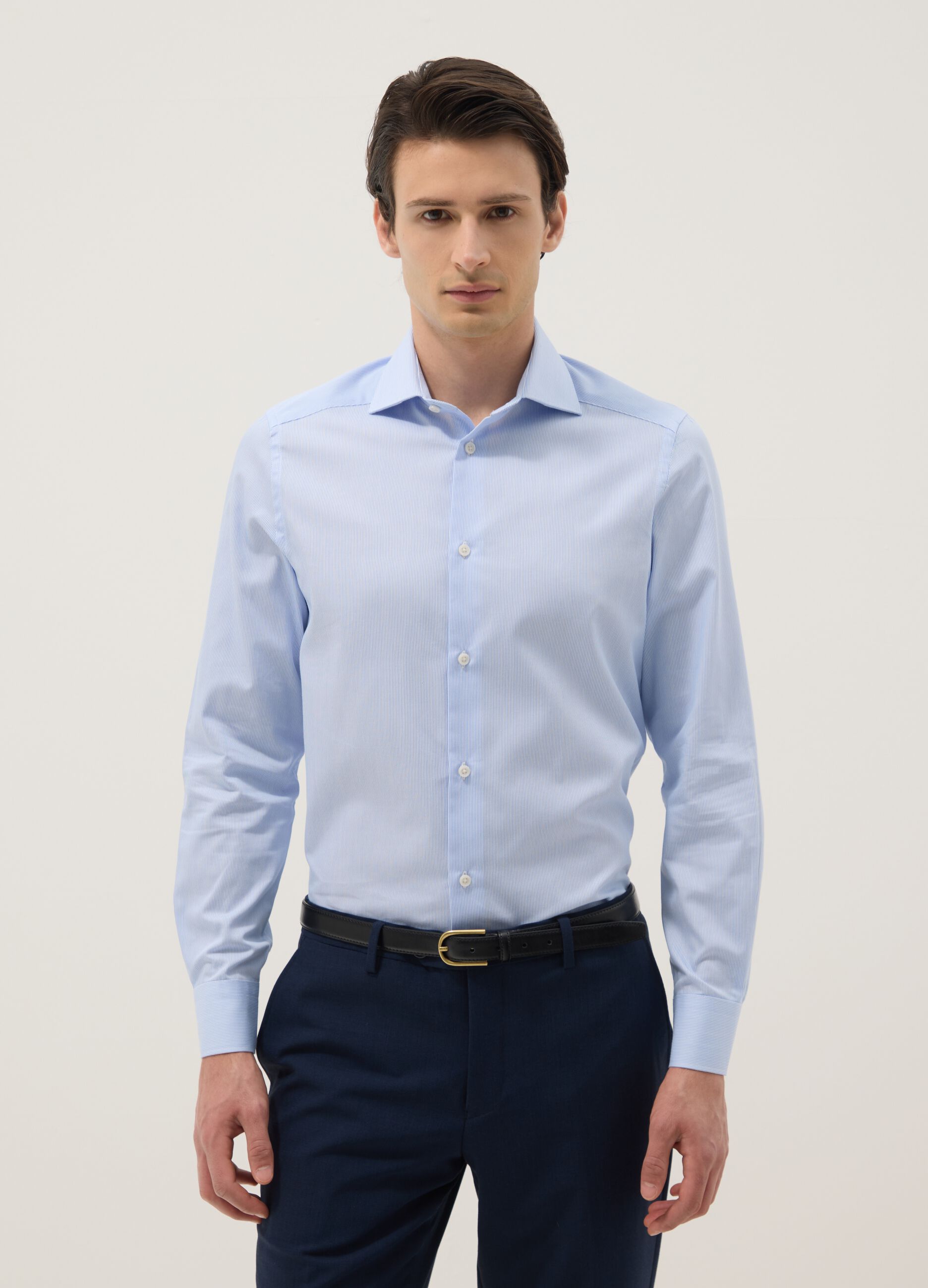 Light blue slim-fit striped cotton-blend shirt