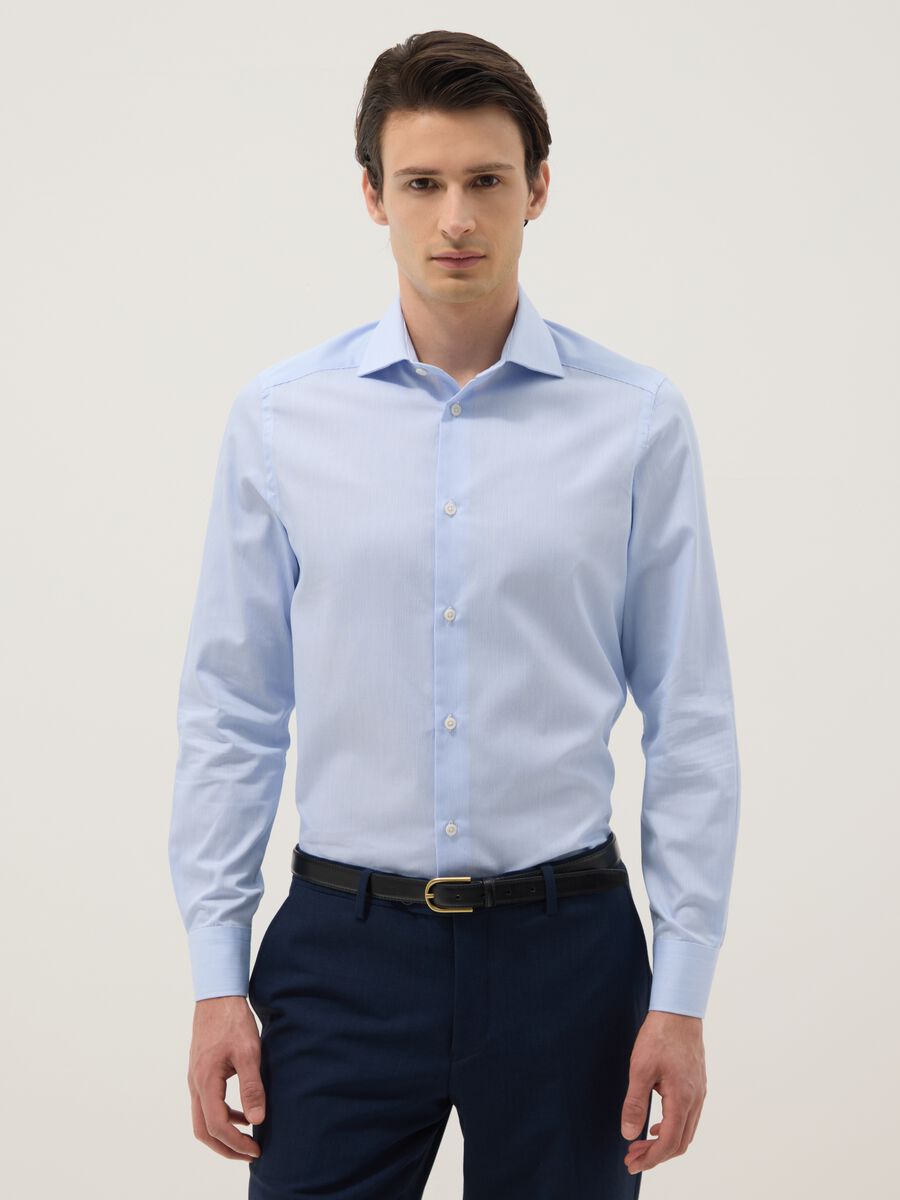 Light blue slim-fit striped cotton-blend shirt_0