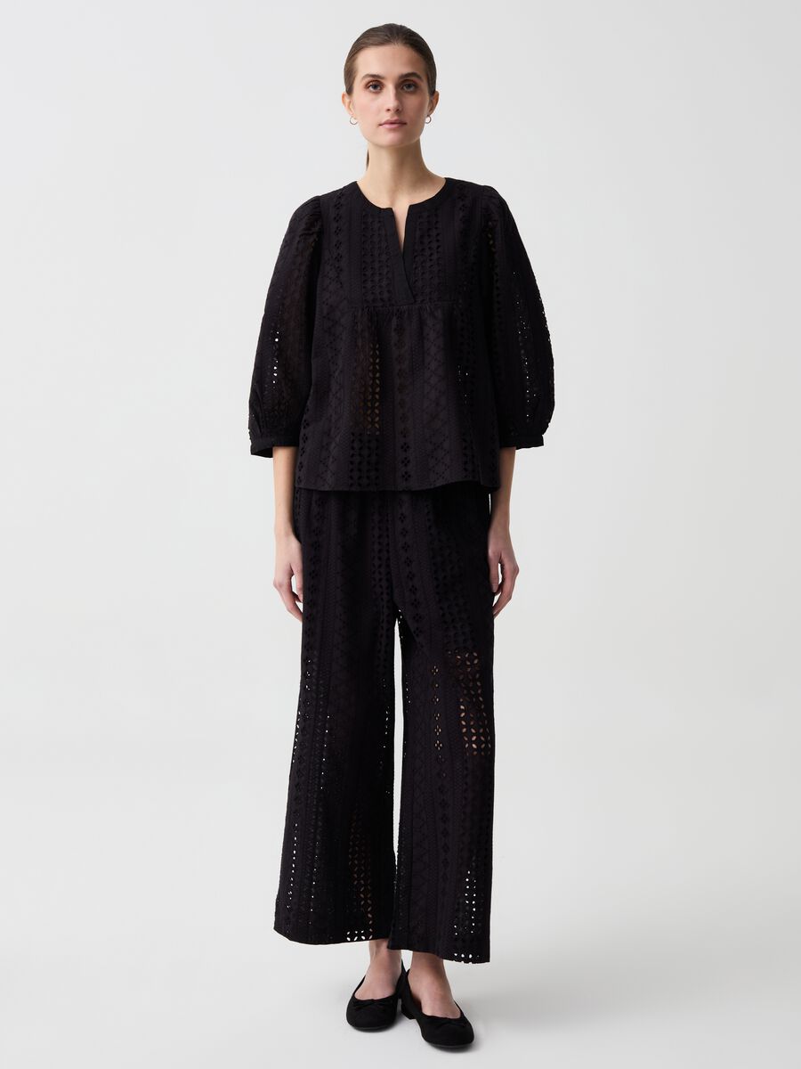 Wide-leg cropped trousers in broderie anglaise_0