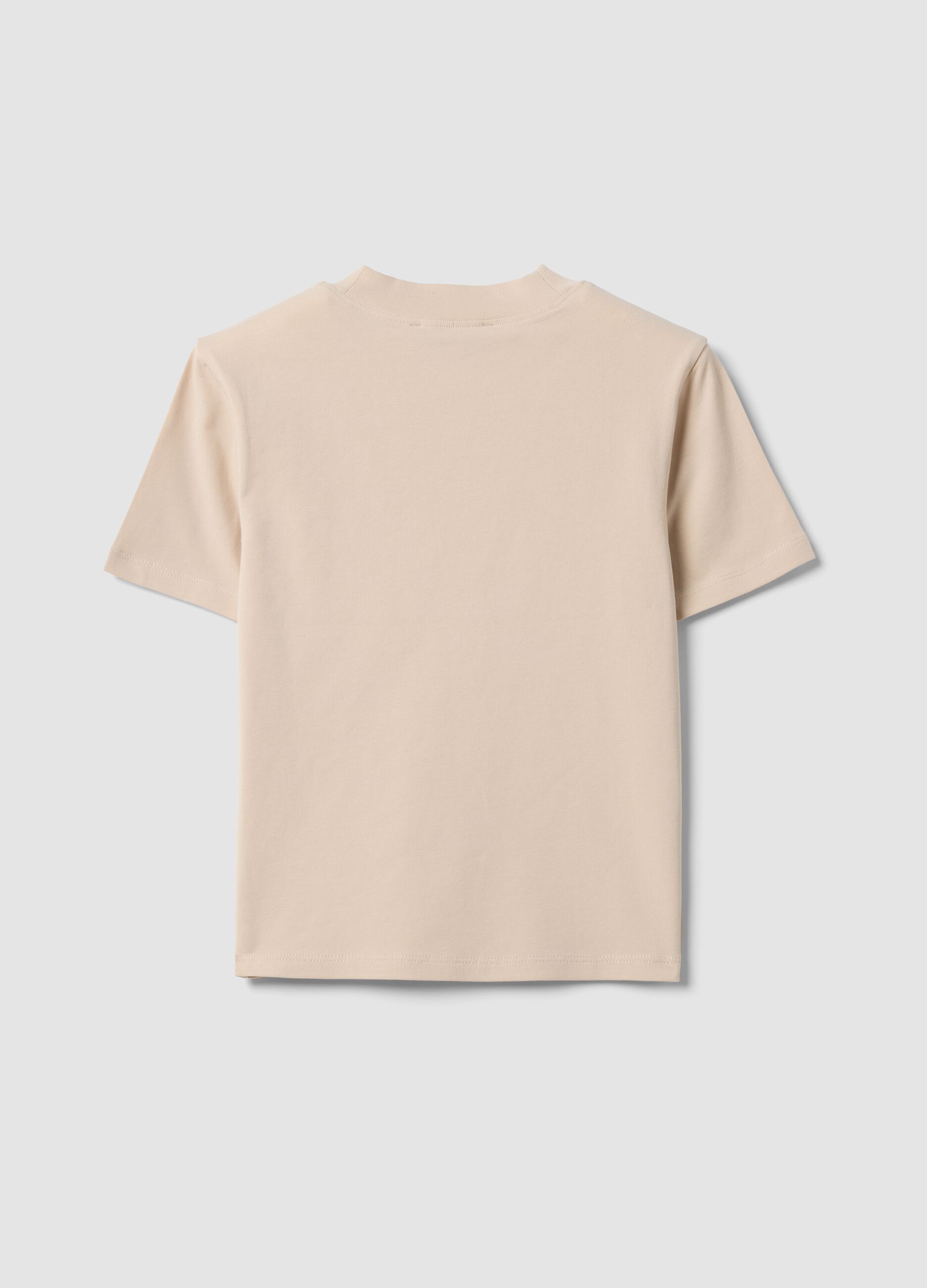 Beige fitted stretch-cotton T-shirt with high neck