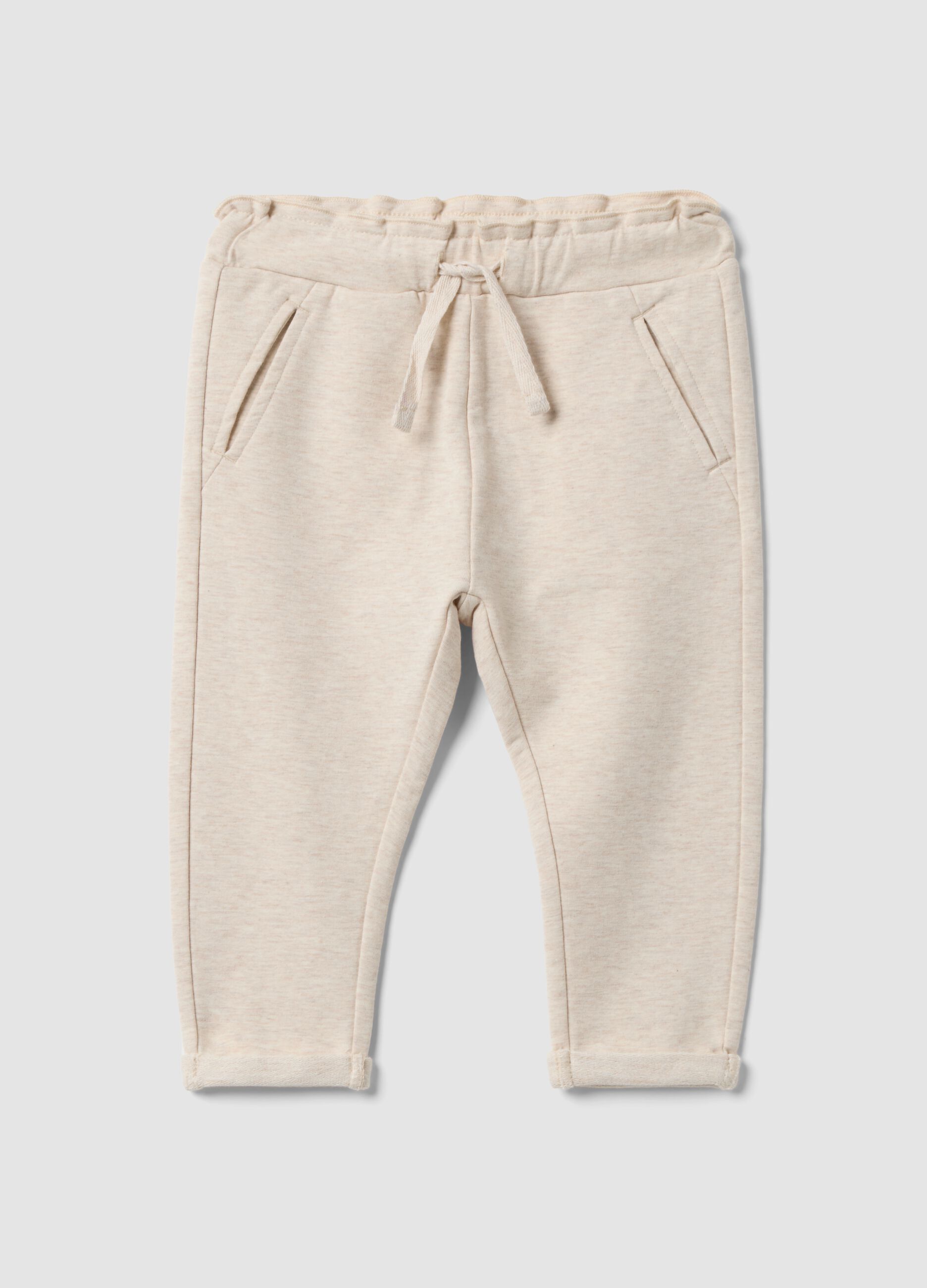 Beige stretch cotton joggers with turn-up cuff for baby girl