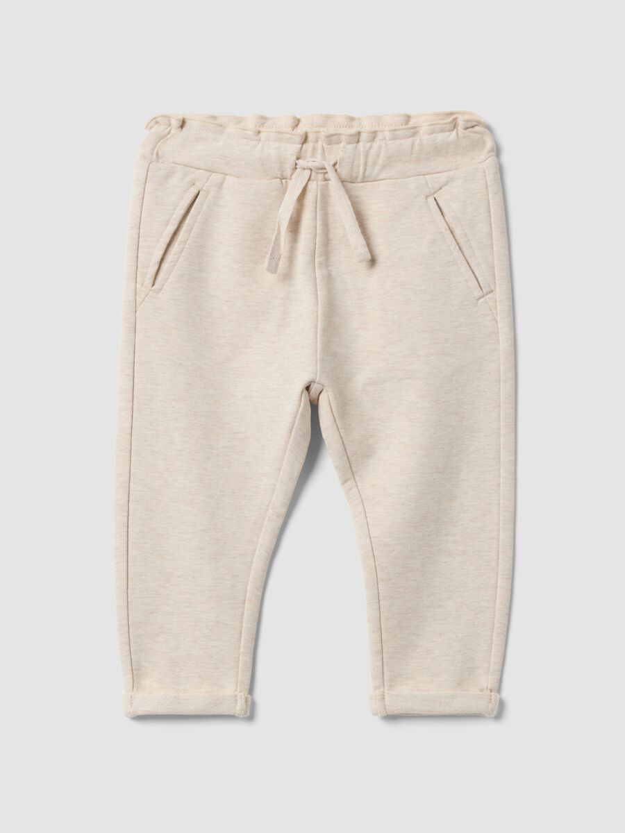 Jogger beige in cotone elasticizzato con risvolto per bimba_0