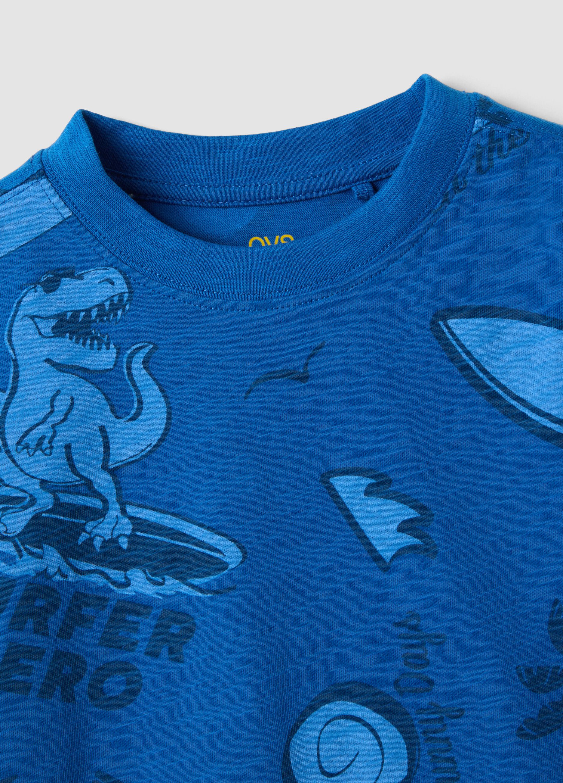 Blue short-sleeved pure cotton T-shirt