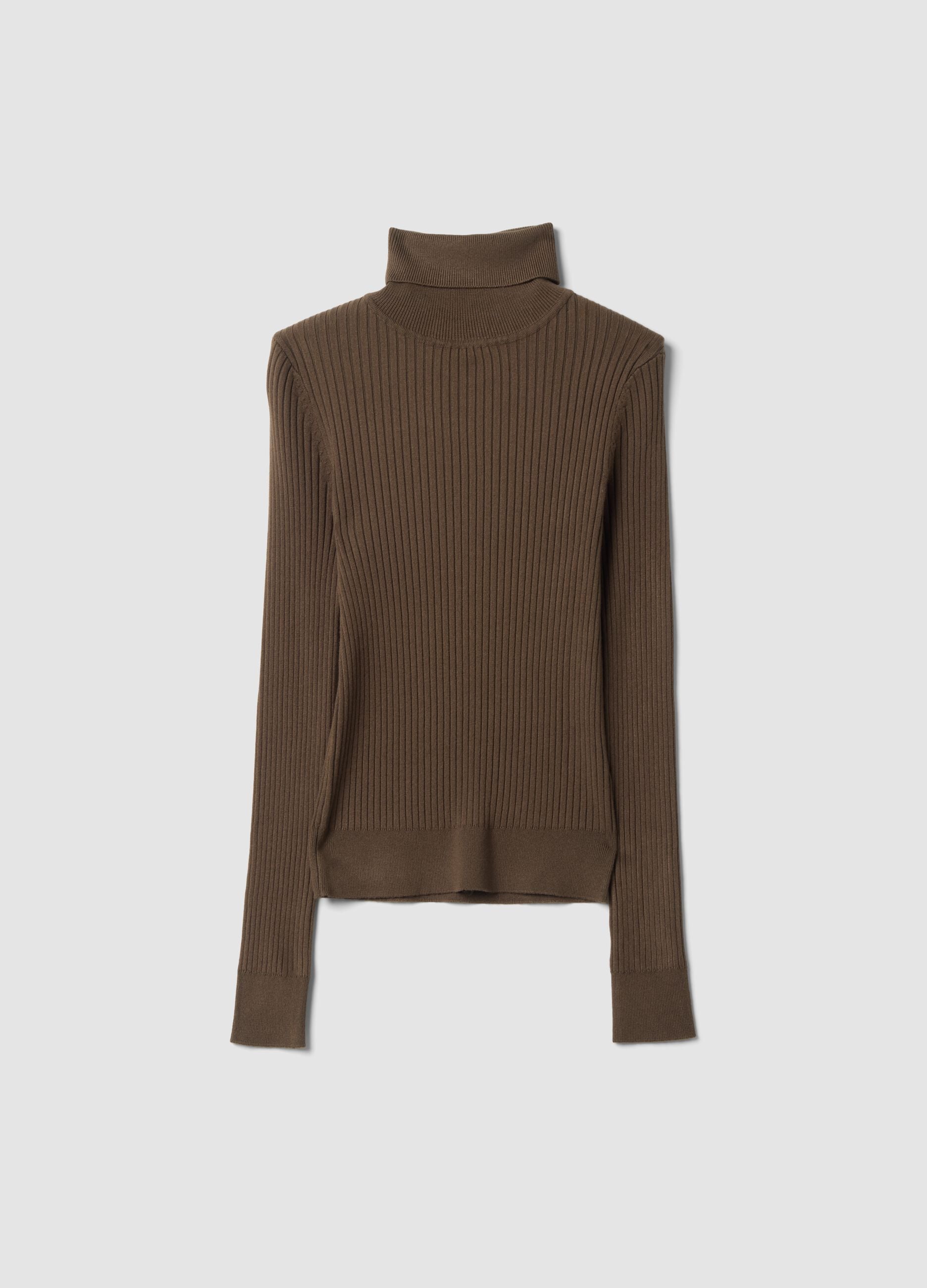 Brown ribbed viscose-blend turtleneck jumper