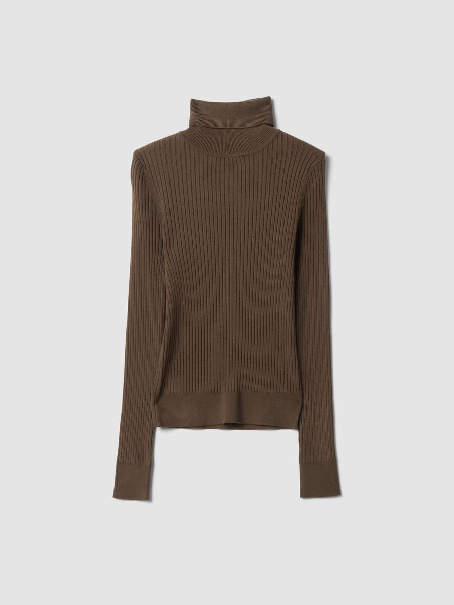 Maglia marrone in misto viscosa a costine dolcevita_0