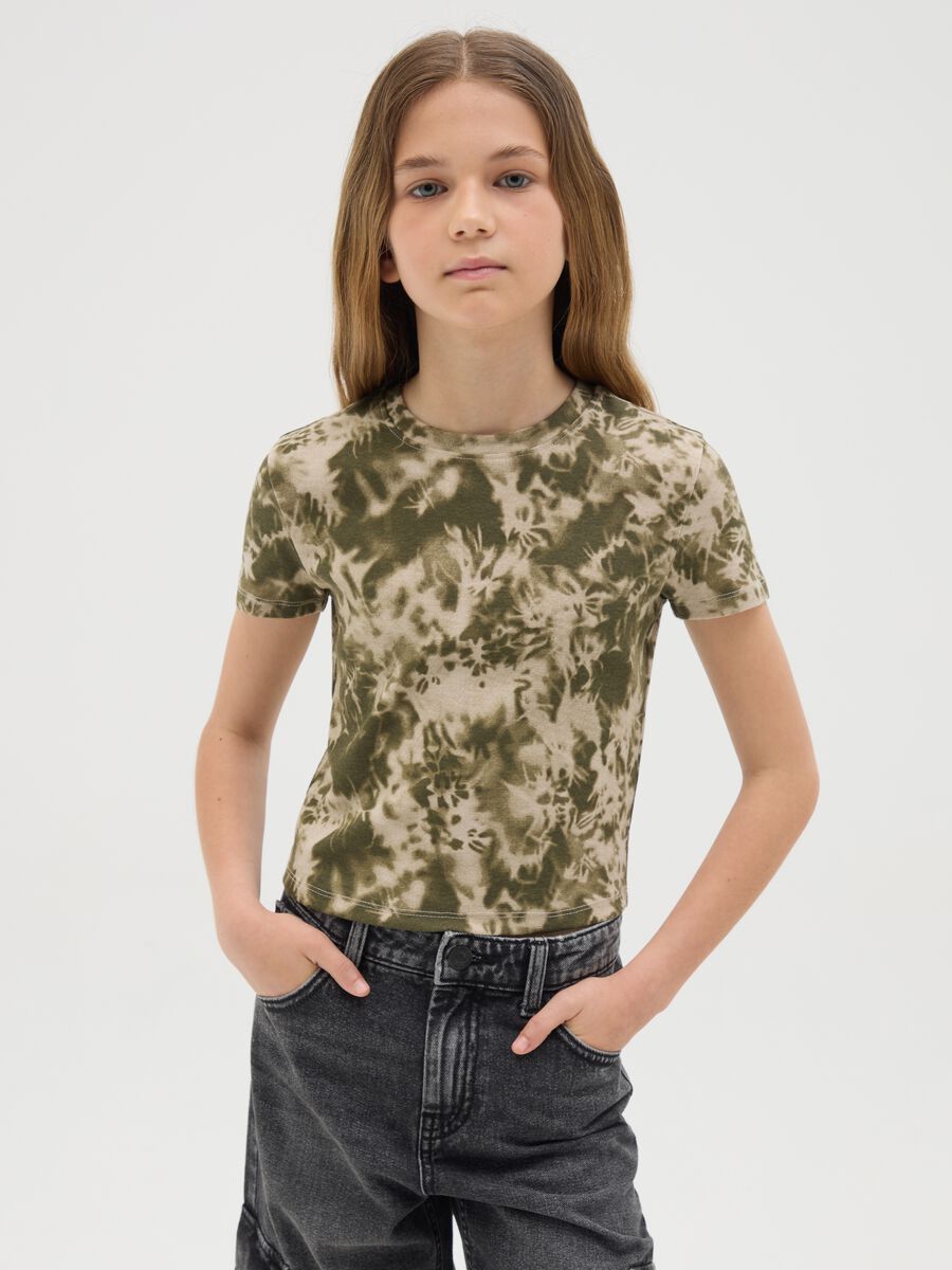 Short Military Green Tie-Dye Effect T-shirt in Stretch Cotton_0