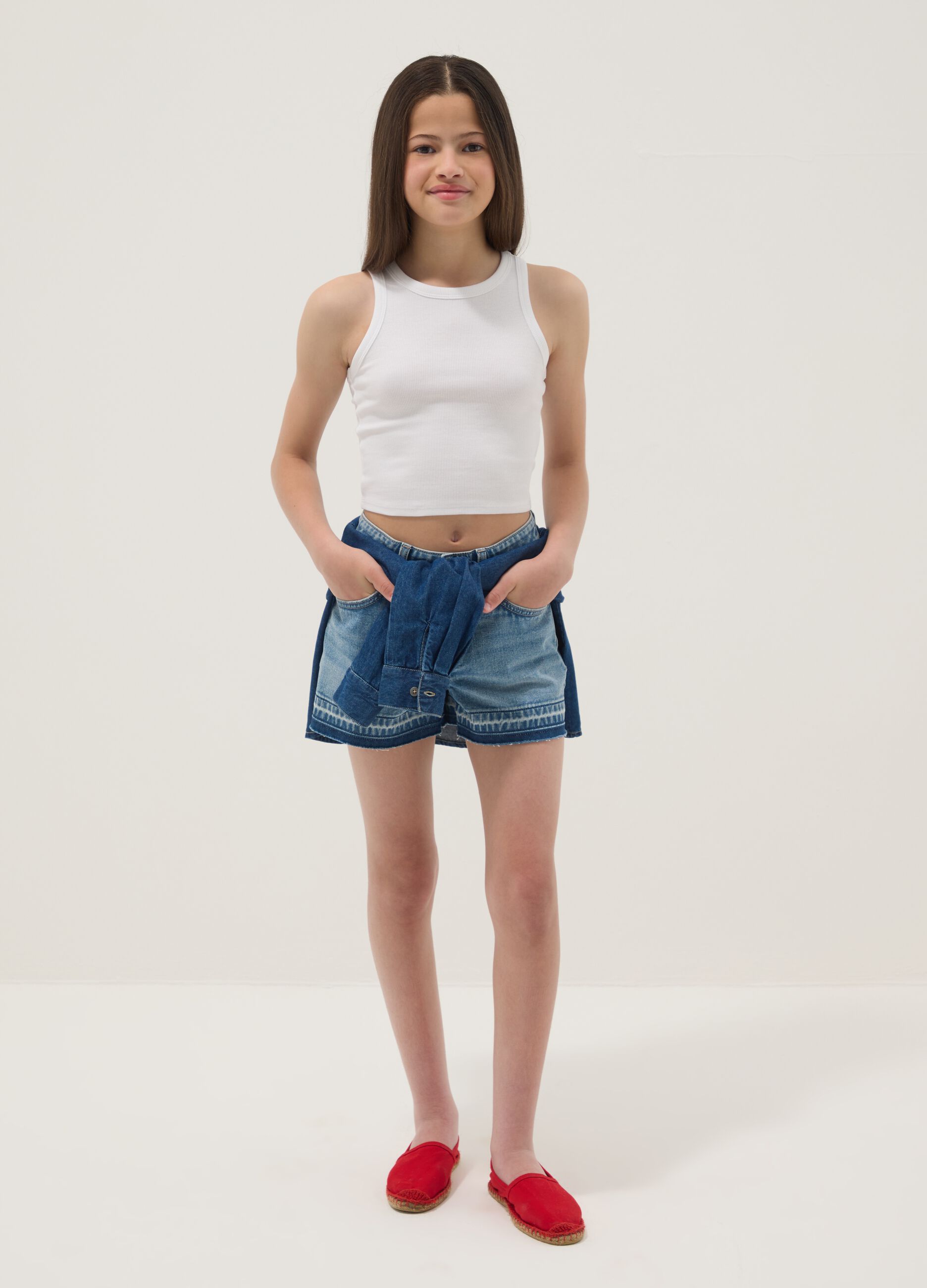Blue pure cotton denim shorts for girls, straight fit