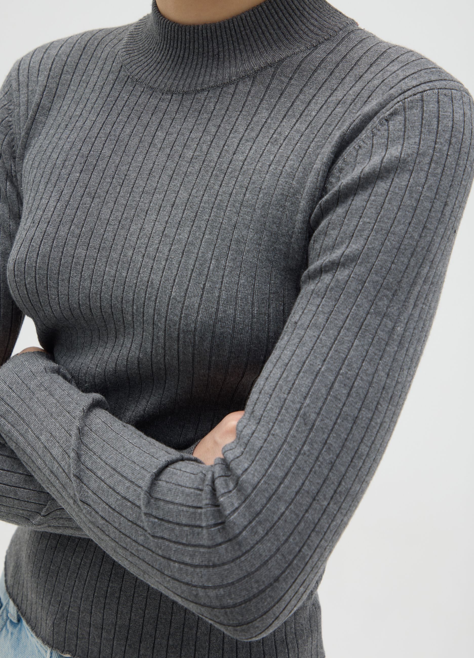 Grey Viscose Blend Fitted Sweater