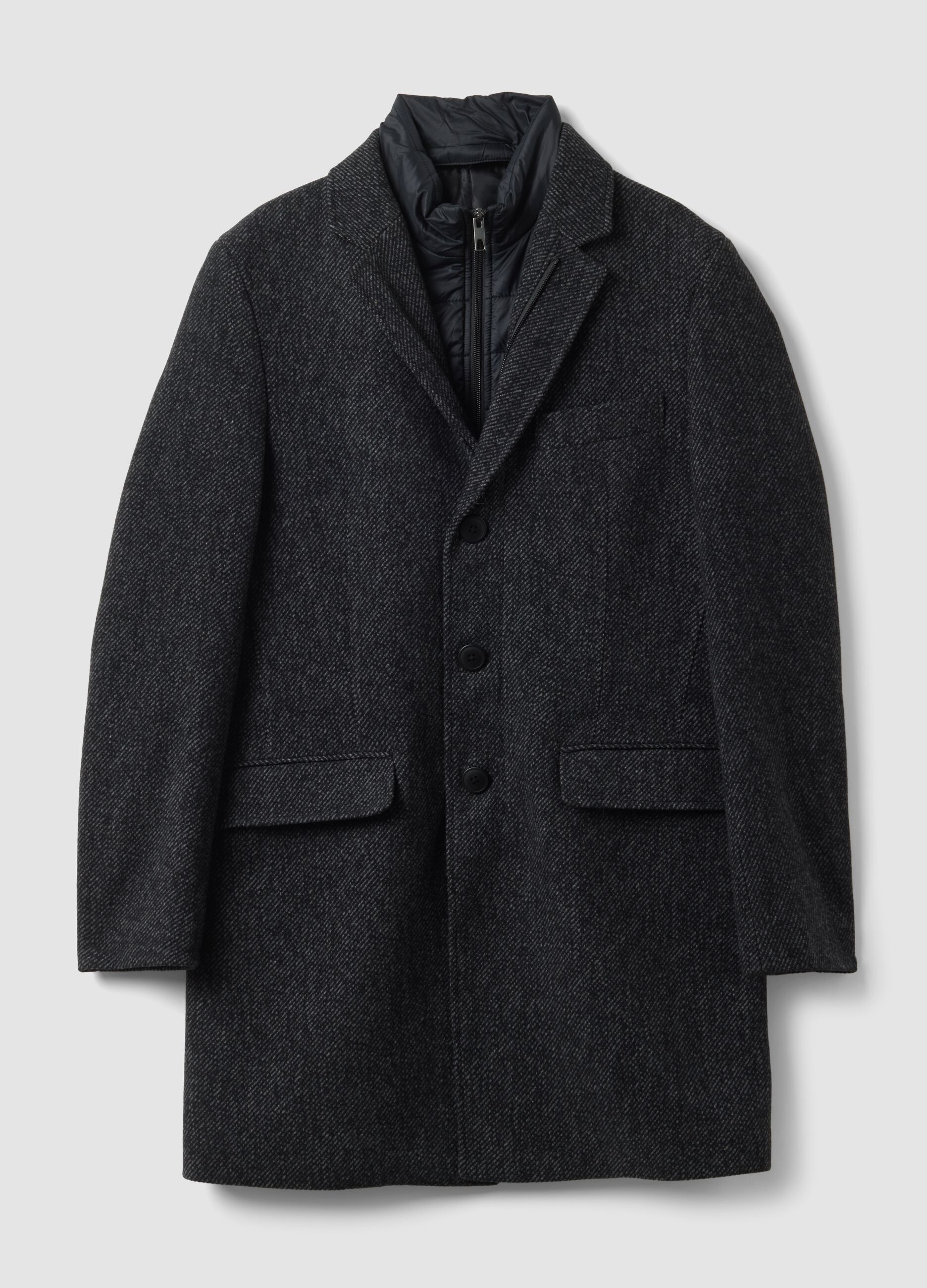 Grey padded wool and viscose blend coat, regular fit