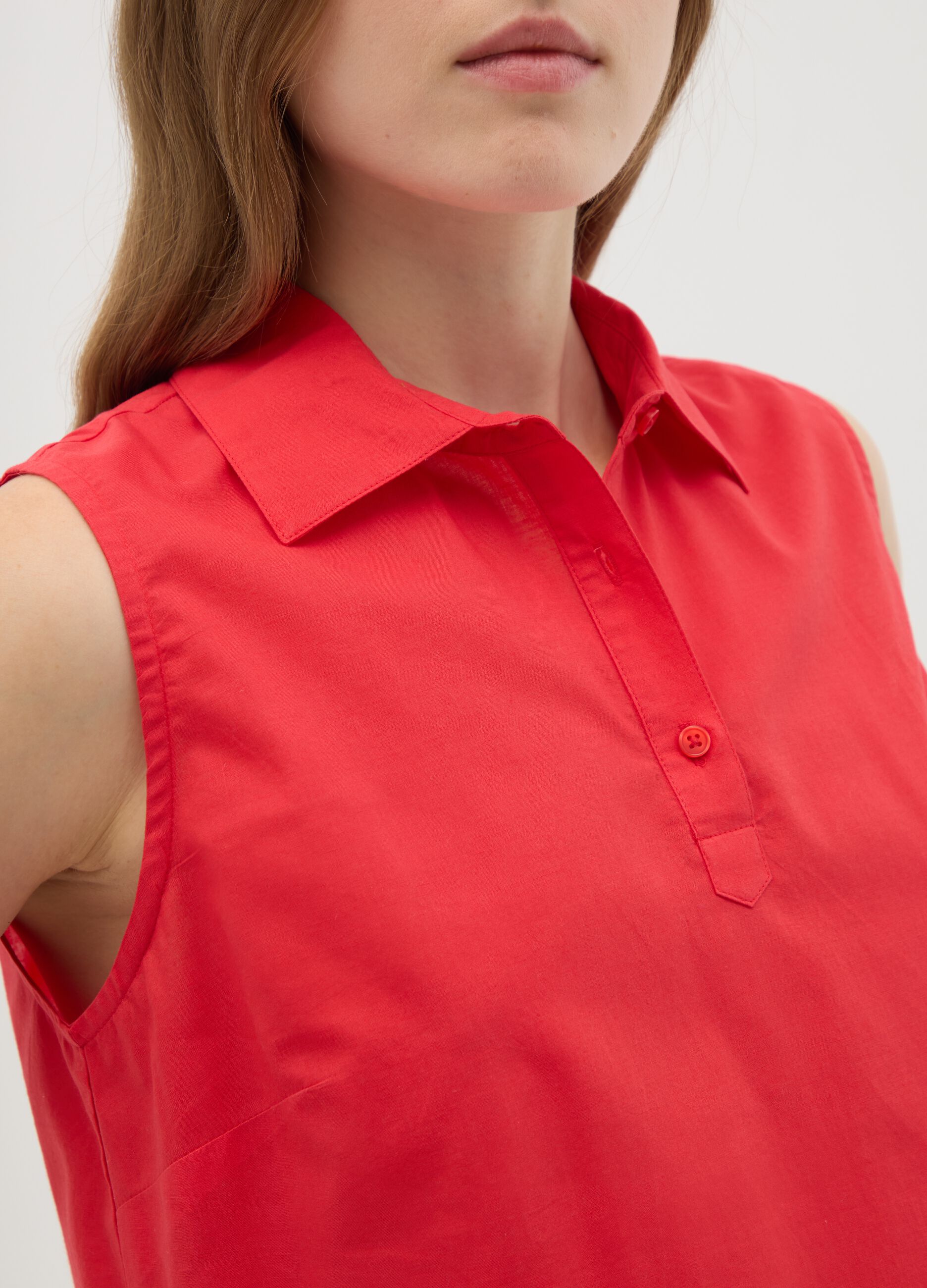 Women's Sleeveless Red Pure Cotton Shirt Regular Fit