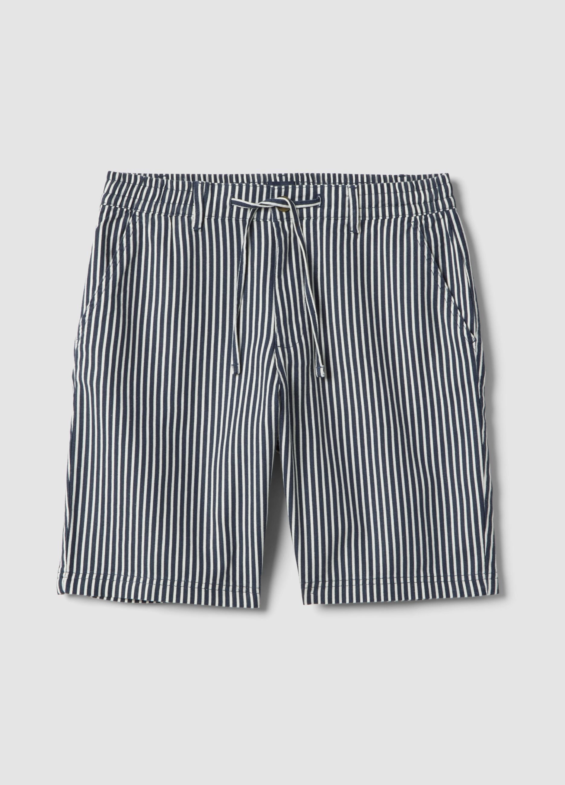 Multicoloured striped regular fit linen-cotton blend shorts