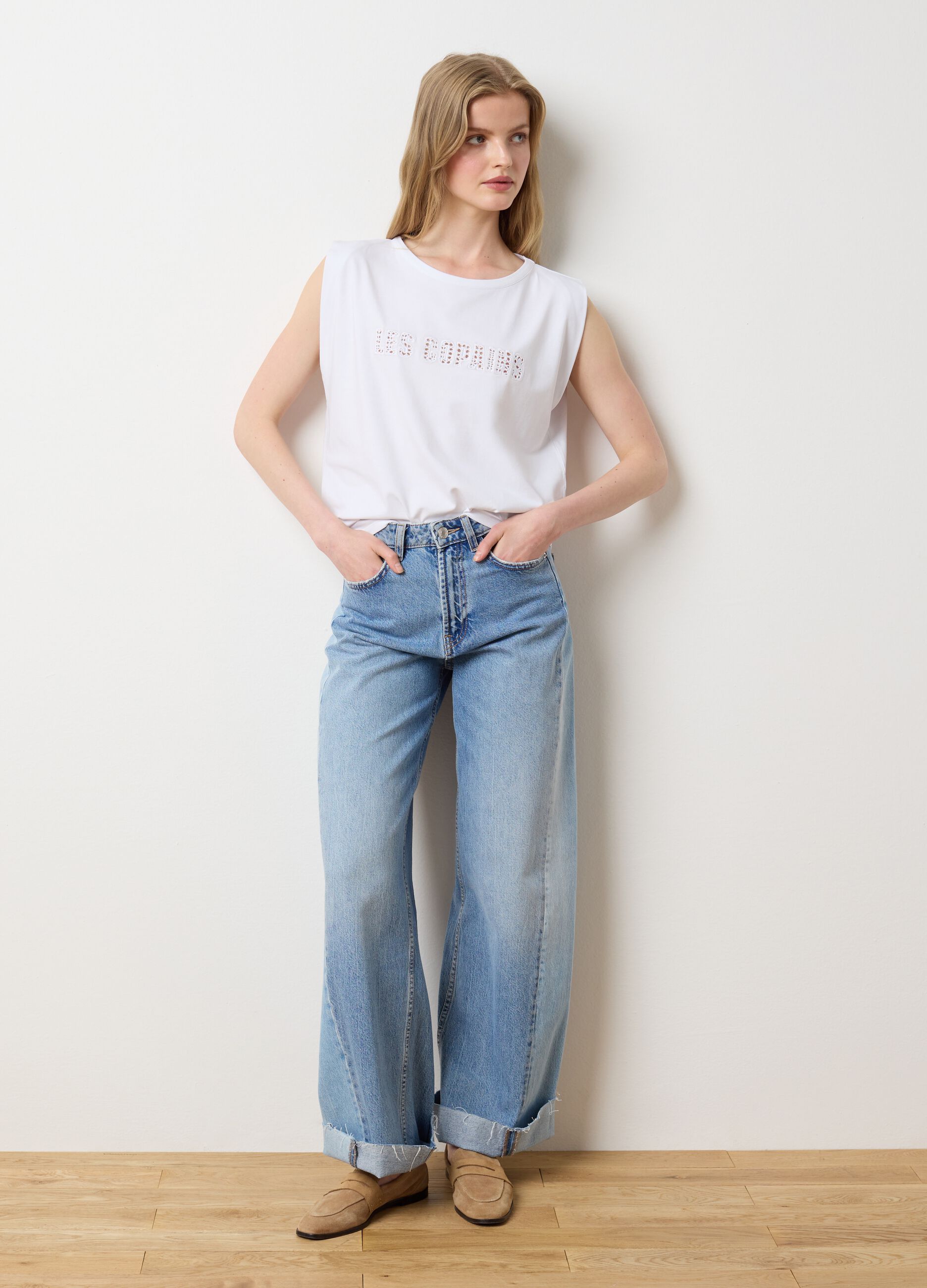 White stretch cotton T-shirt with logo