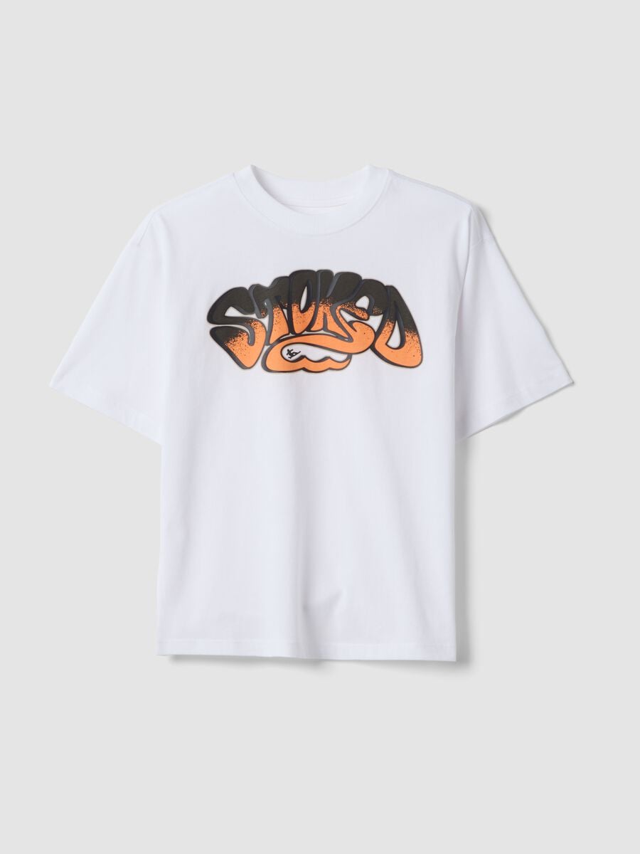 White pure cotton T-shirt with front print_0