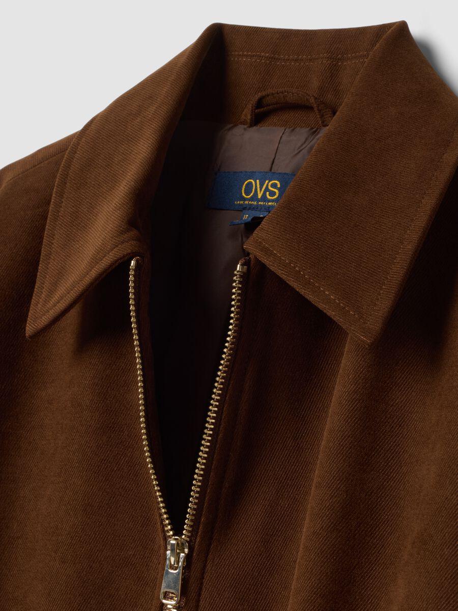 Blazer marrone in tessuto elasticizzato con zip over fit_1