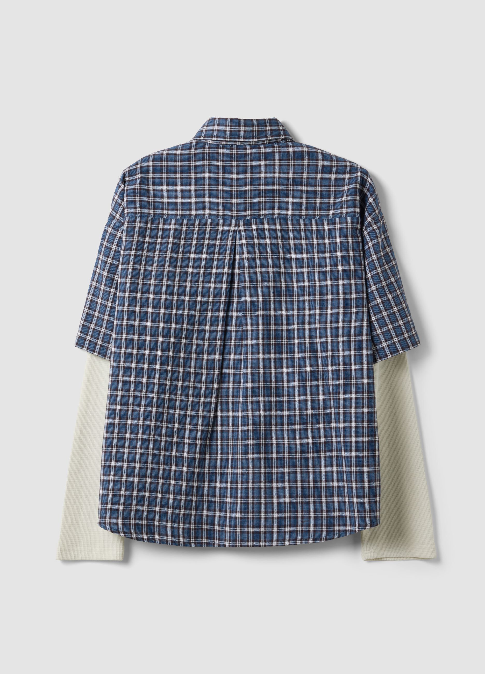 Blue cropped pure cotton checked shirt with layered double sleeves, oversized fit