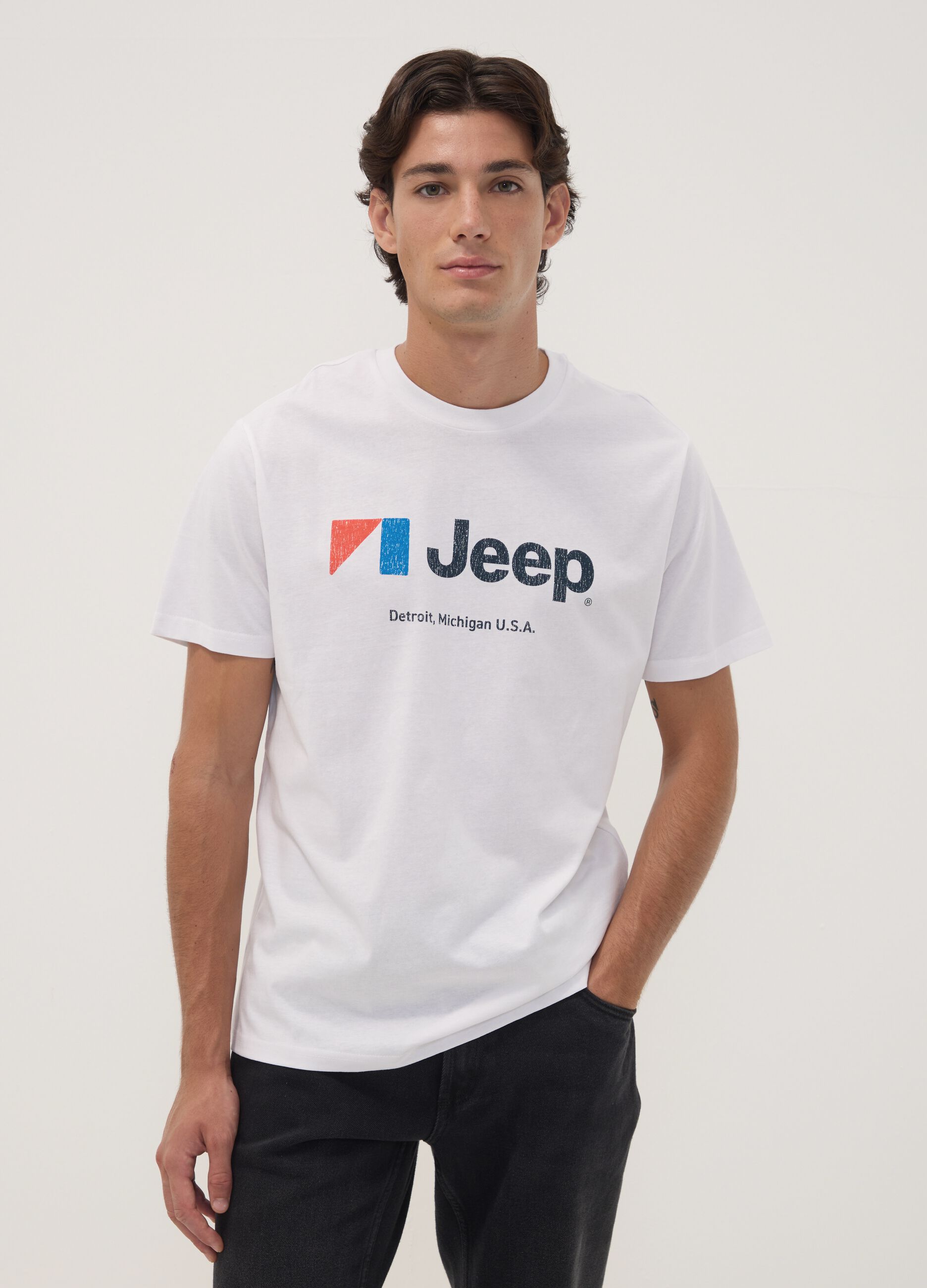 White pure cotton crew-neck T-shirt with Jeep print