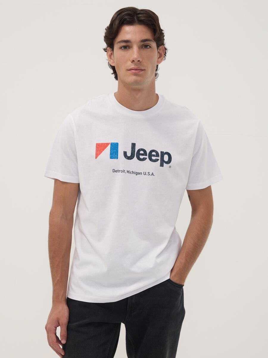 T-shirt bianca in puro cotone girocollo con stampa Jeep_0