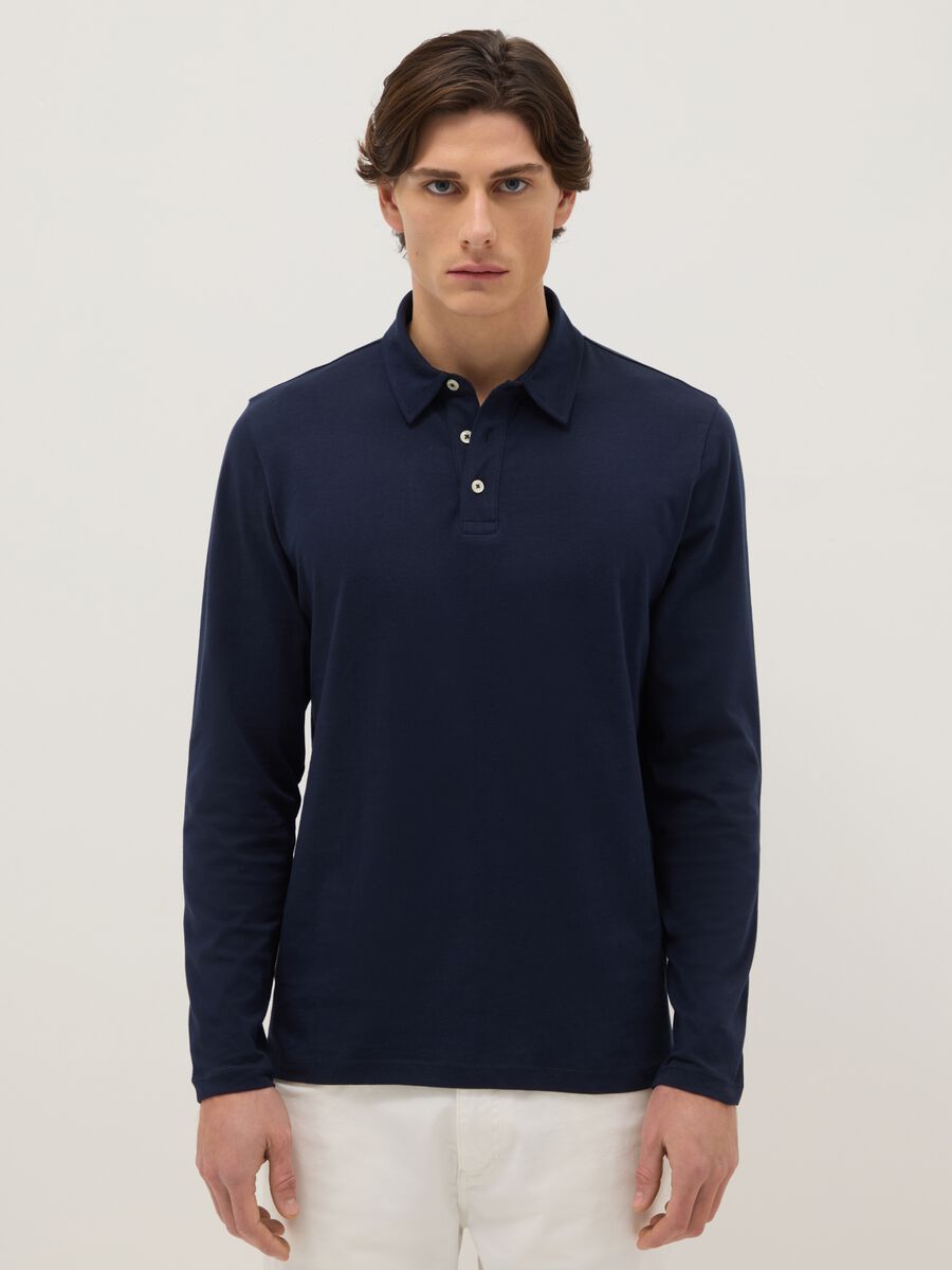 Long sleeve blue pure cotton polo &ndash; regular fit_0