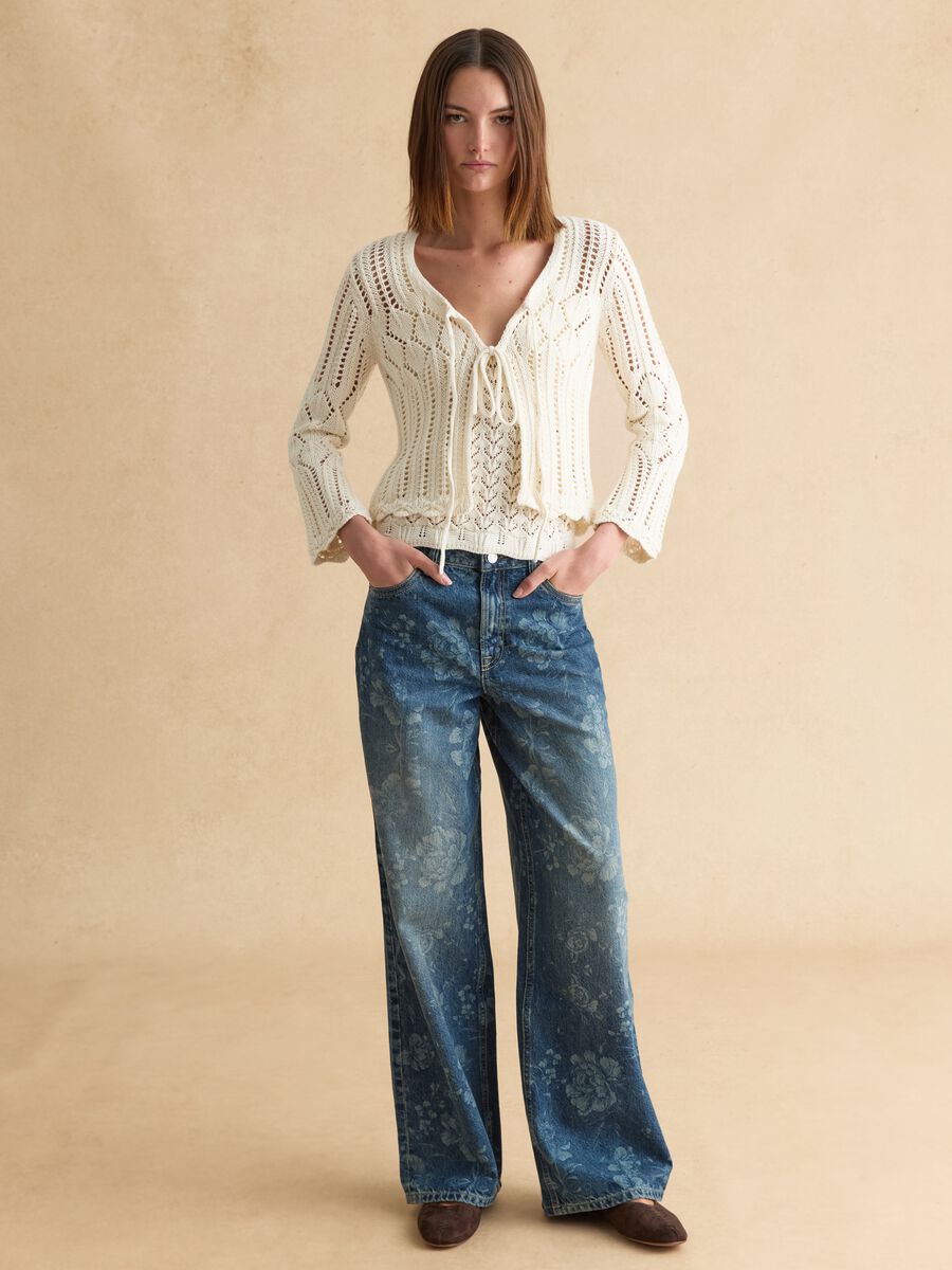 Cardigan traforato in puro cotone bianco regular fit deep V _1