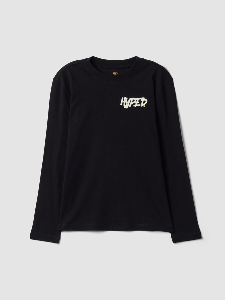 T-shirt nera in puro cotone organico con stampa "Hyped" per ragazzo_3