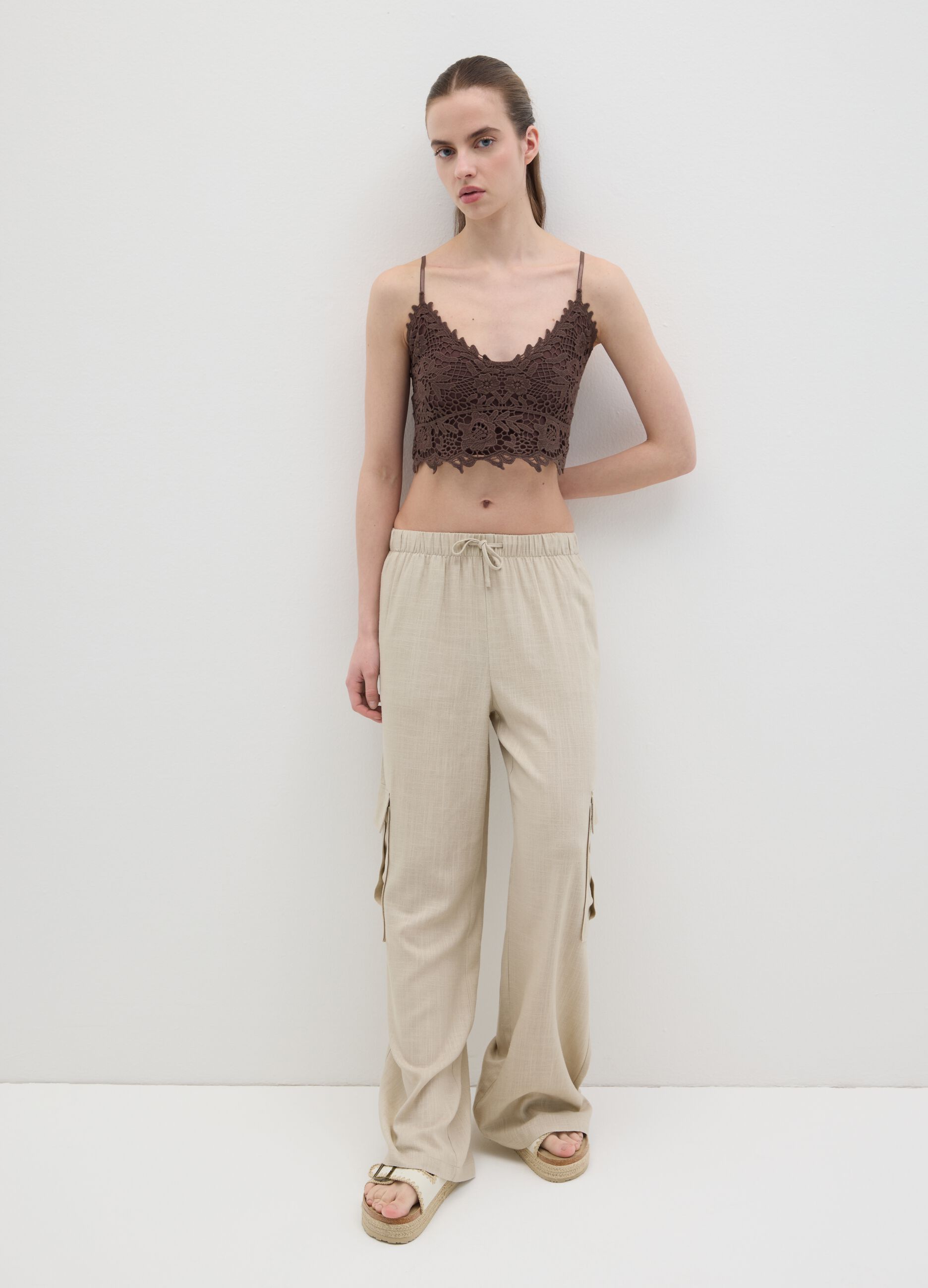 Brown Cotton Lace Tank Top