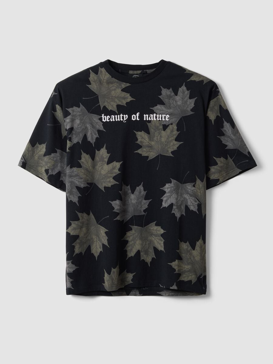 Black pure cotton T-shirt with "Beauty of nature" slogan_0