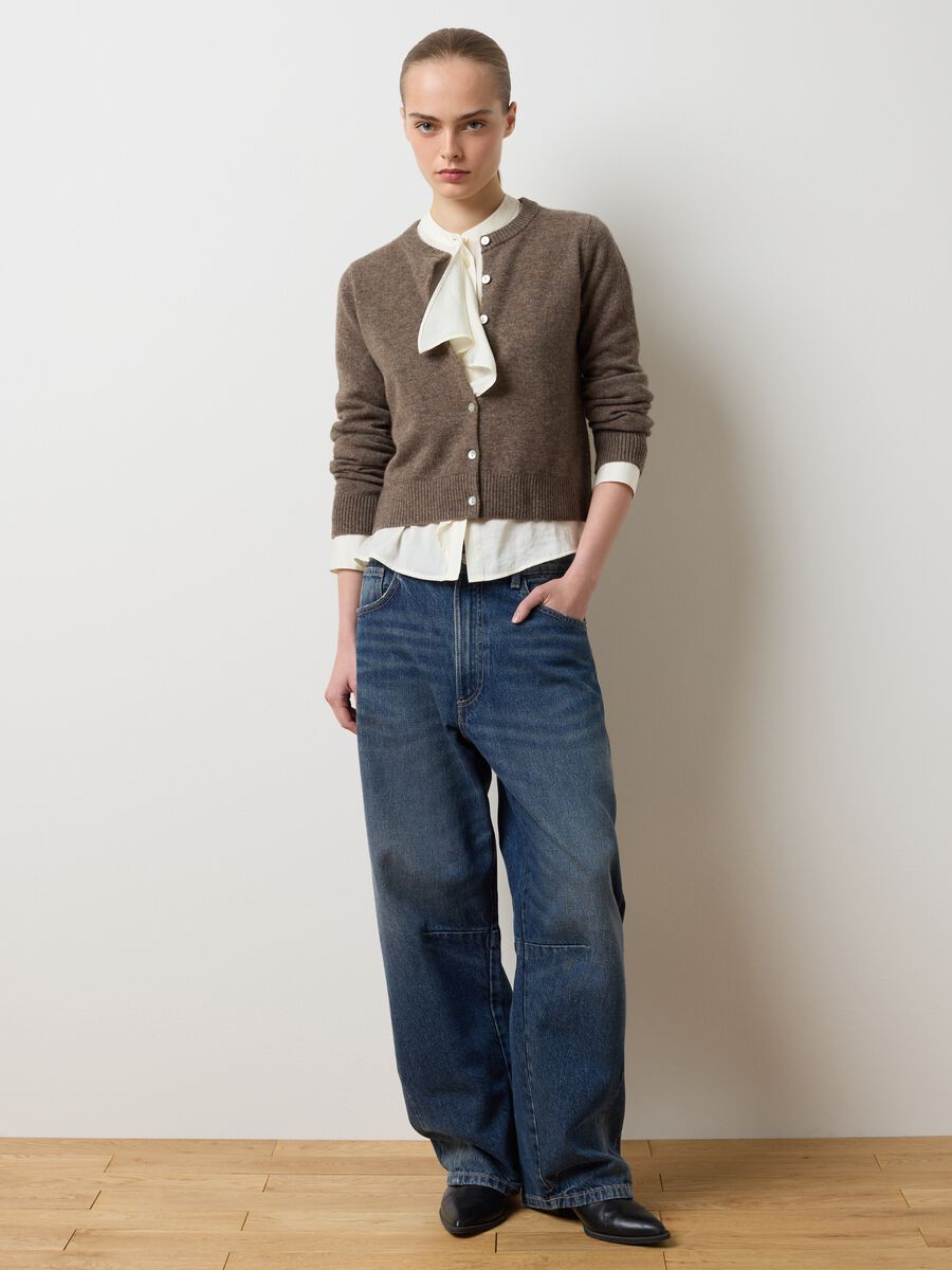 Brown crew neck cardigan in pure wool regular fit_2