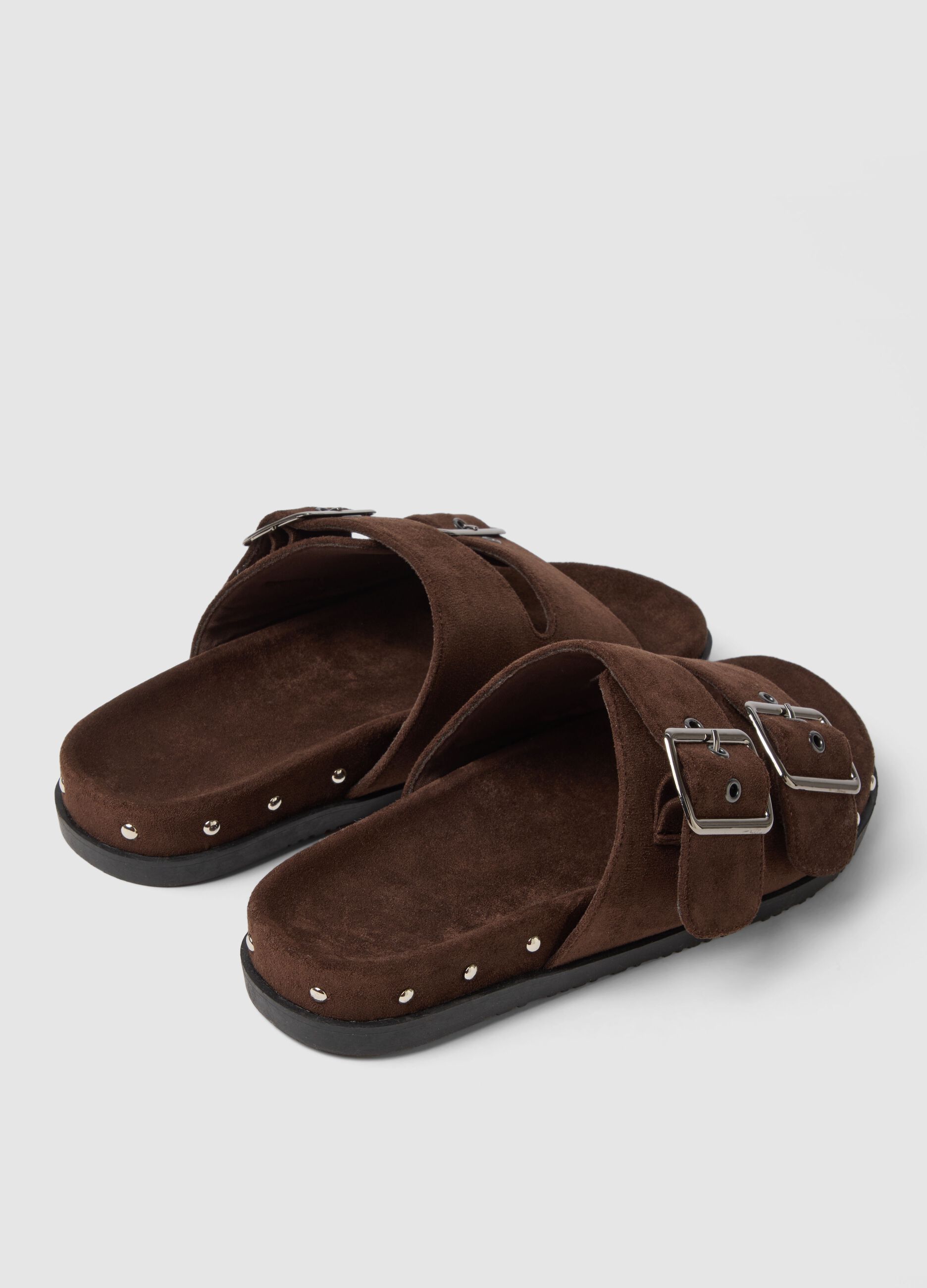 Brown genuine leather sandals with buckles and metallic details