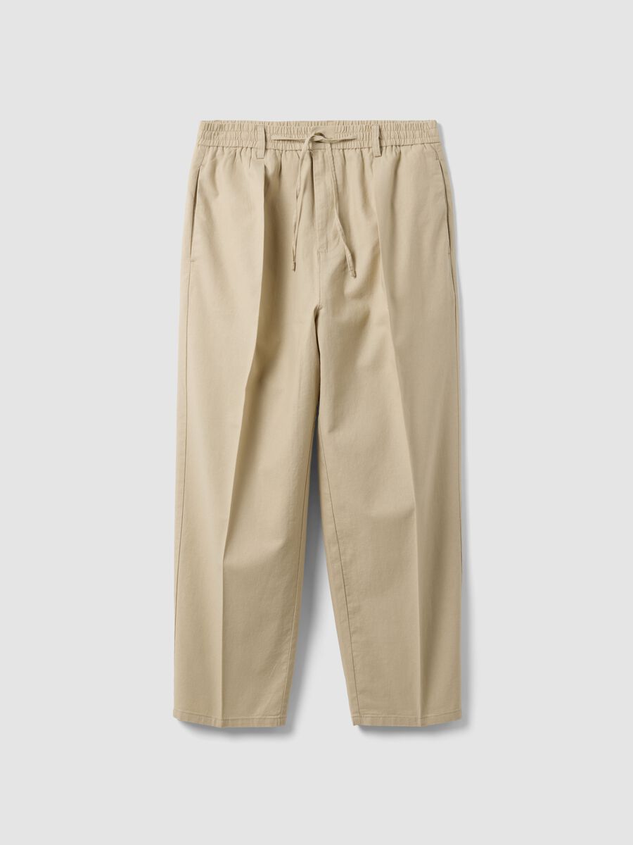 Beige linen-cotton blend trousers with an elasticated waist_4