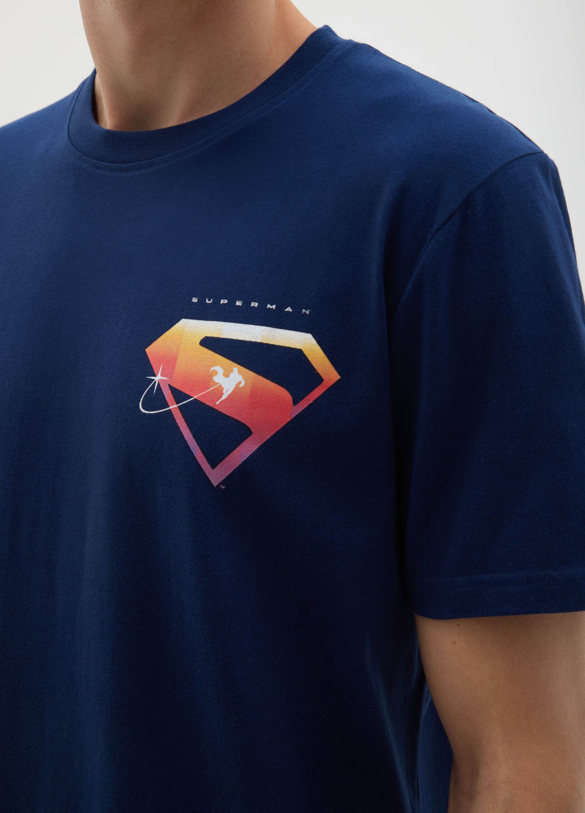 T-shirt da uomo in puro cotone blu con stampa Superman