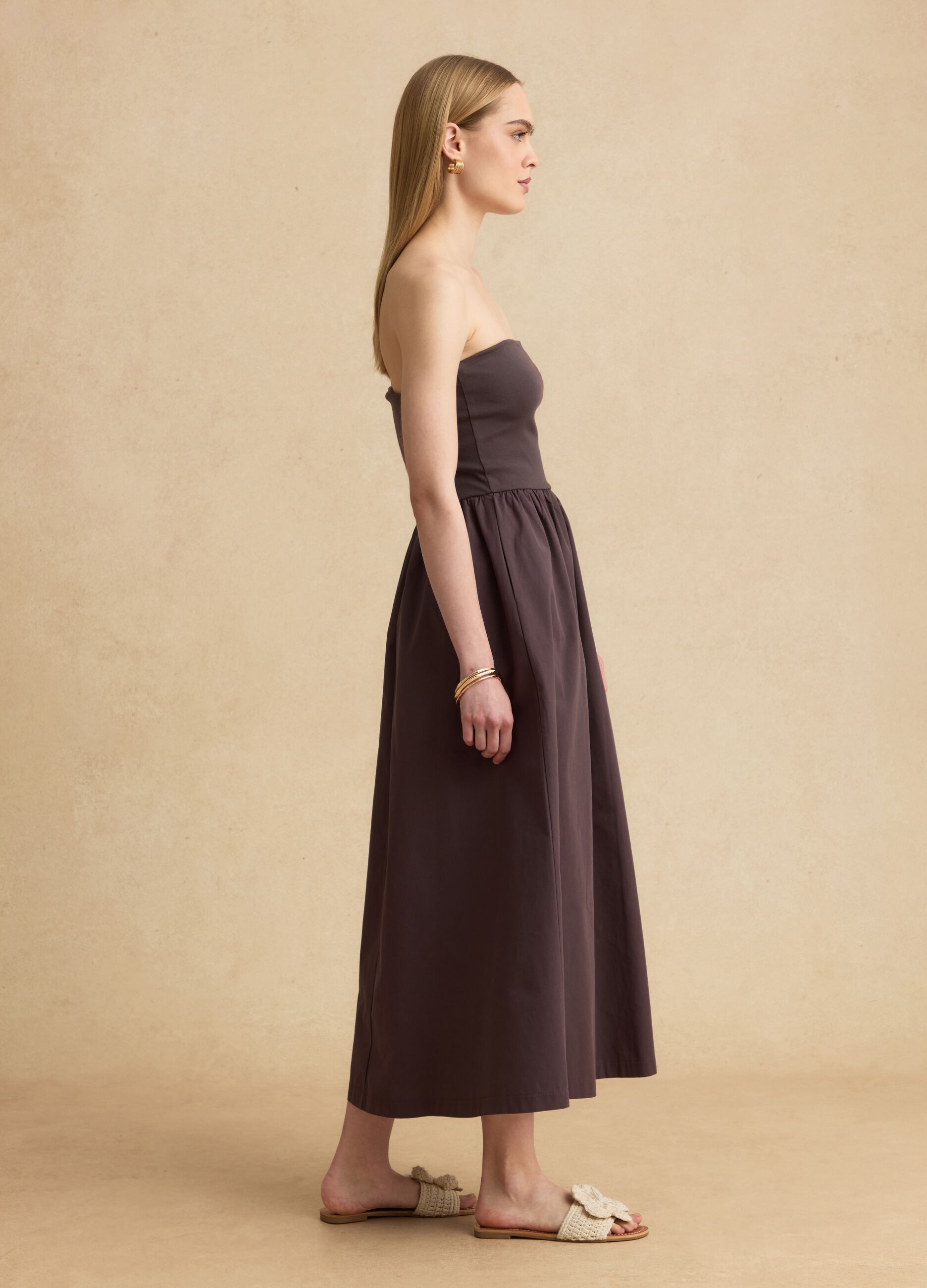 Brown maxi dress in stretch cotton, regular fit, strapless