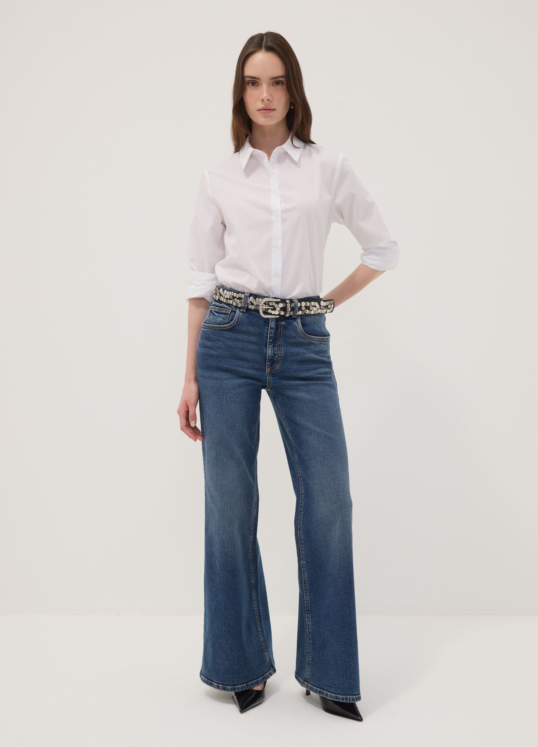 Jeans blu wide leg in cotone elasticizzato a vita alta