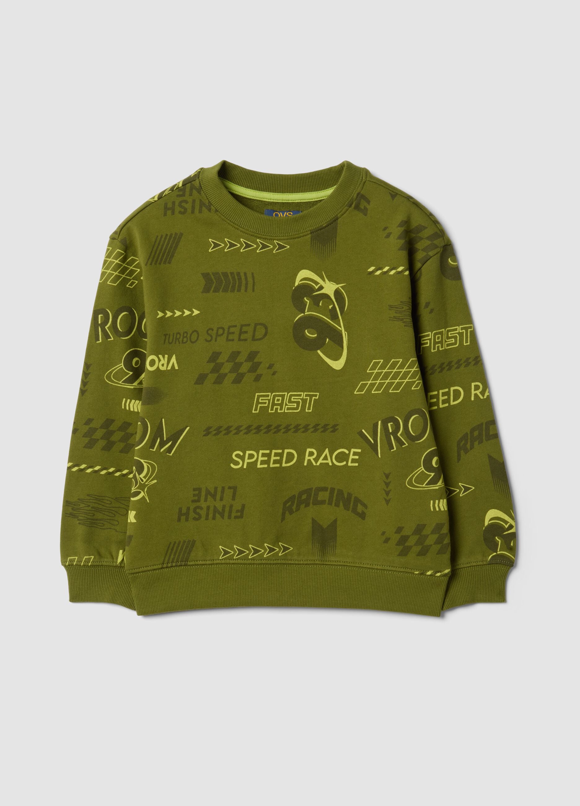 Felpa verde in misto cotone e viscosa con stampe racing over fit