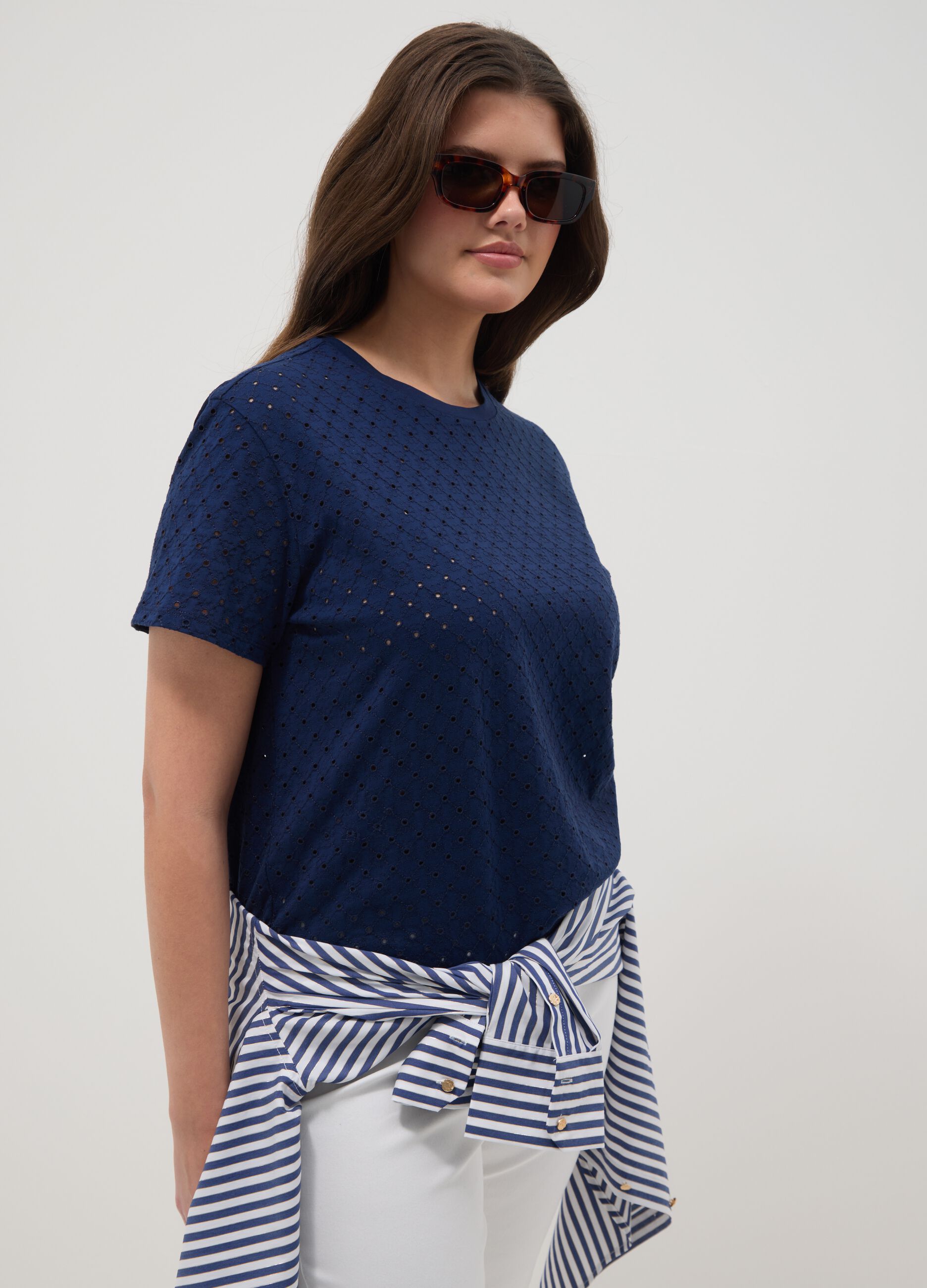 Blue open-knit cotton-blend T-shirt