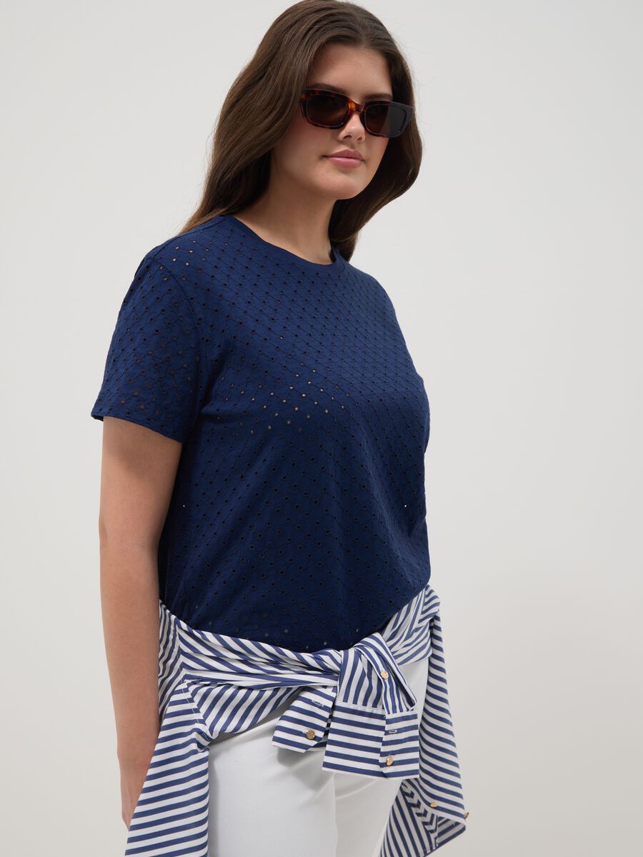 Blue open-knit cotton-blend T-shirt_0