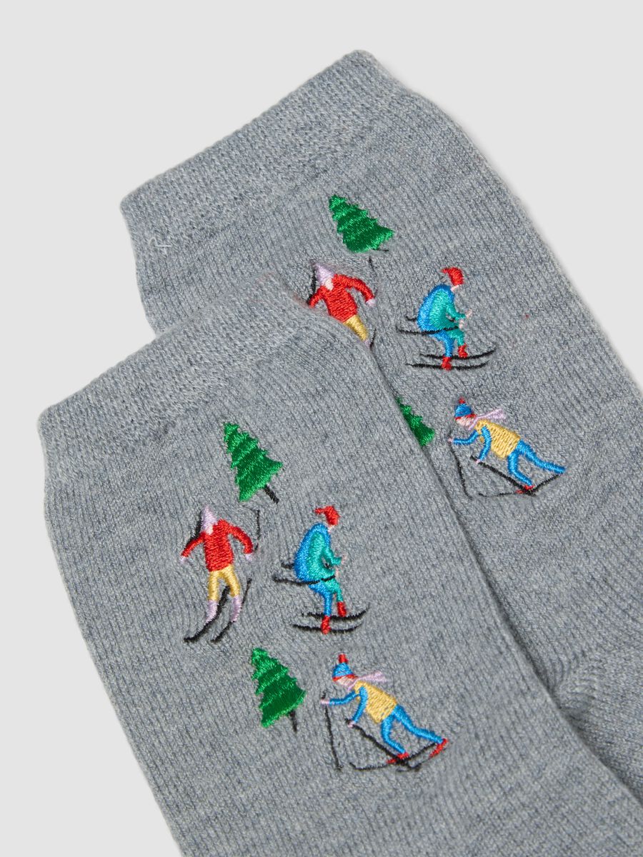 Light grey melange embroidered stretch wool-blend socks_2