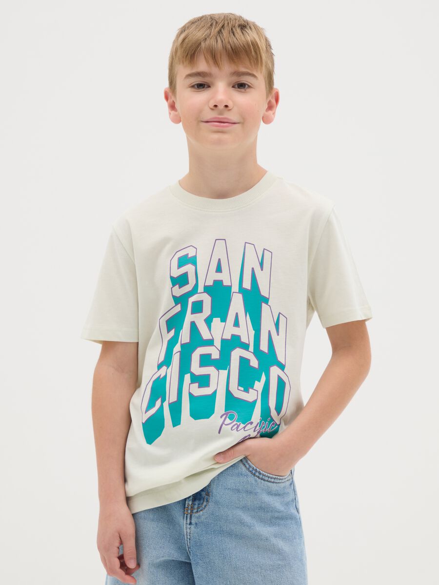 T-shirt da ragazzo in puro cotone verde regular fit con stampa_0