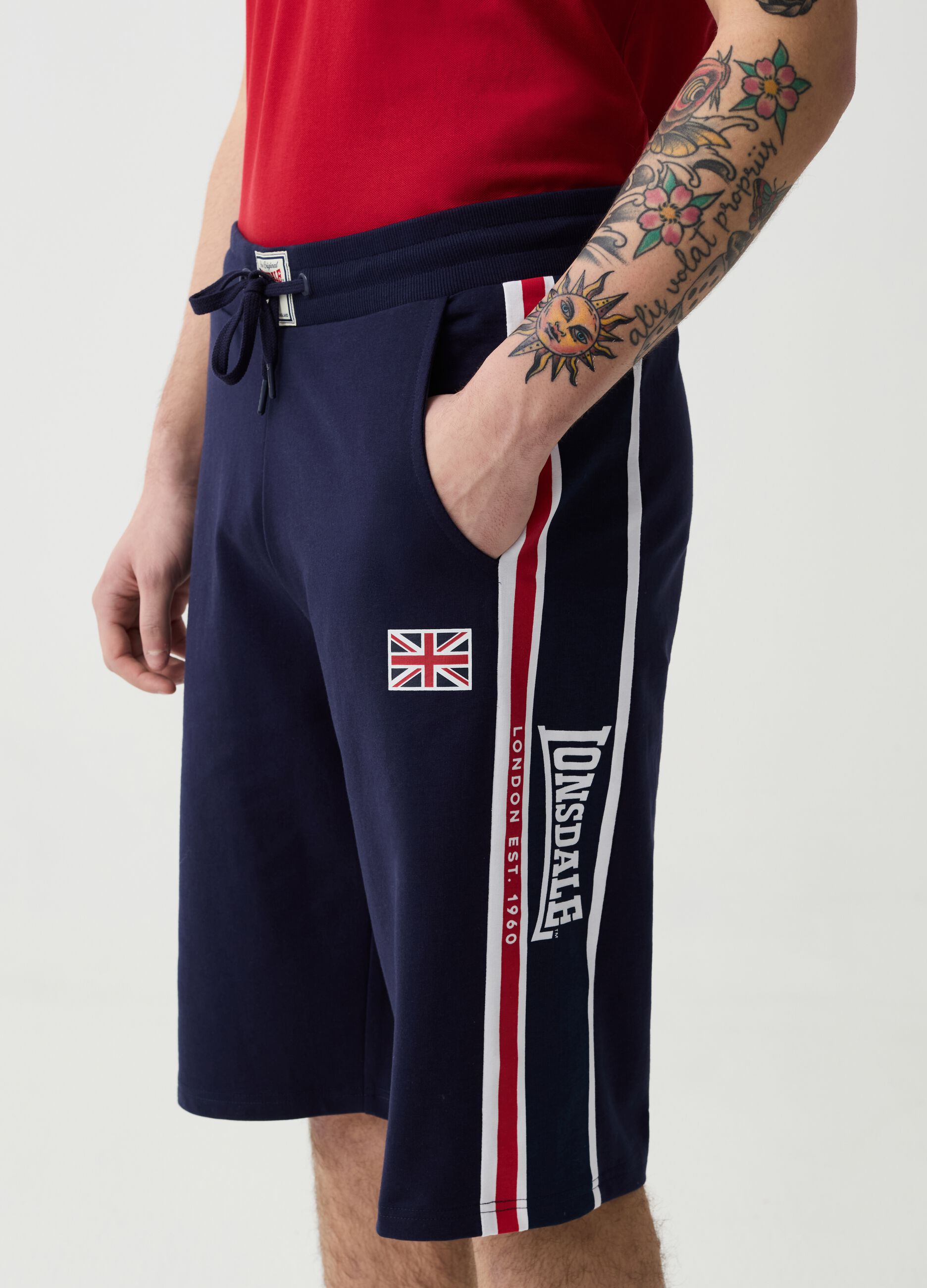 Bermuda joggers with logo print and contrasting bands