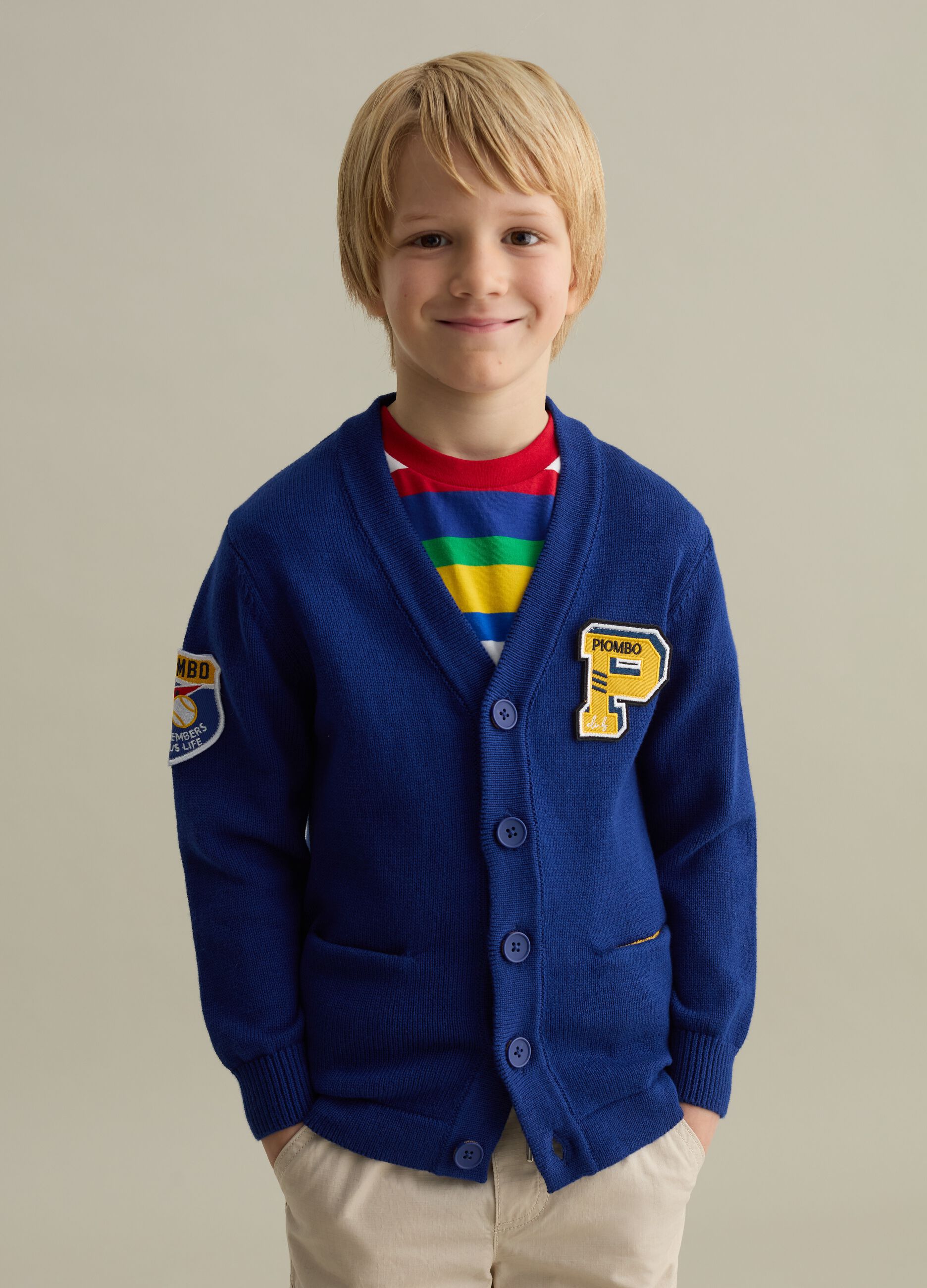 Cotton cardigan with V neck and logo patch